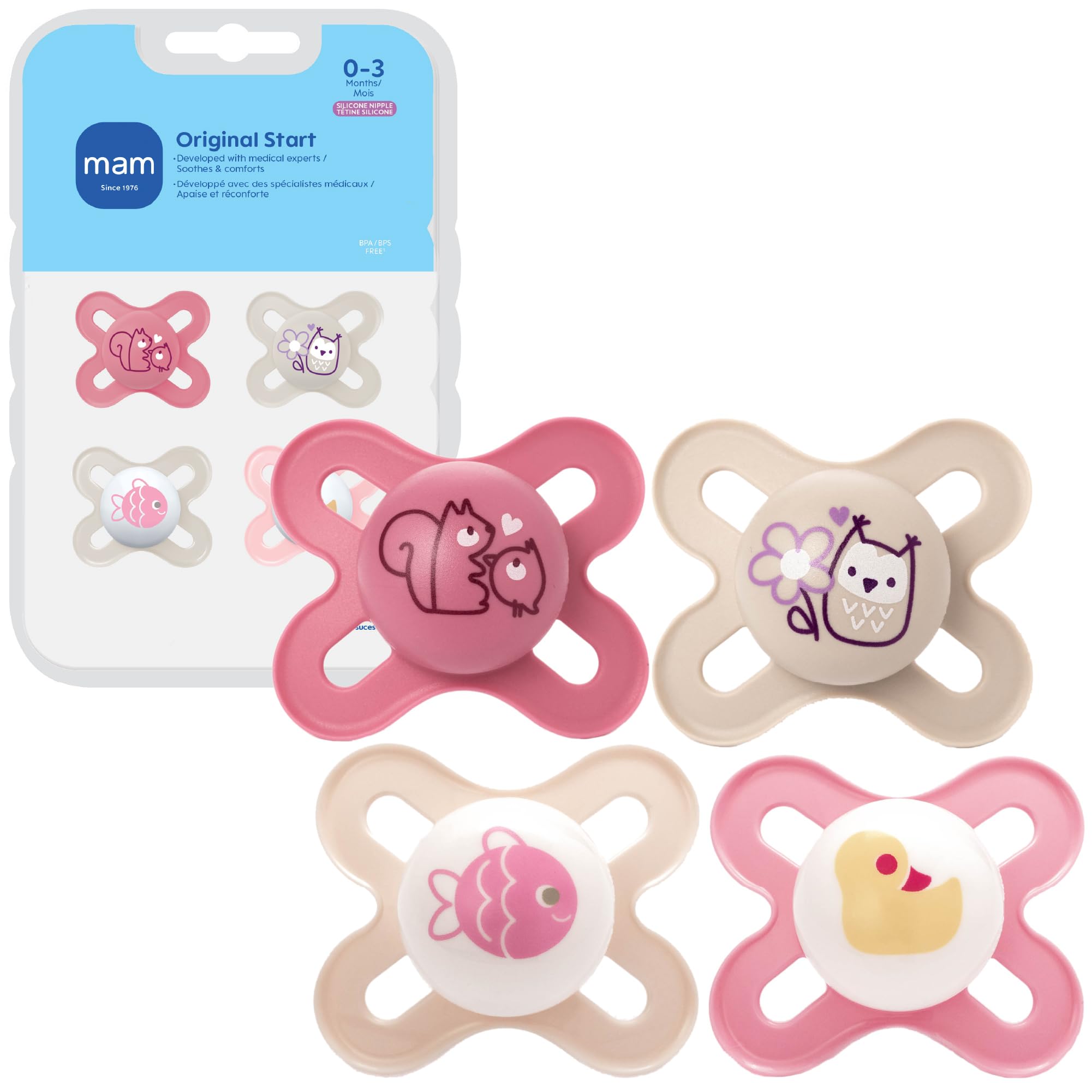 Original Start Matte Baby Pacifiers 0-3 Months Newborns, BPA-Free Skin Soft Silicone Nipple, Developed with Medical Experts, Easy to Clean, 4 Count