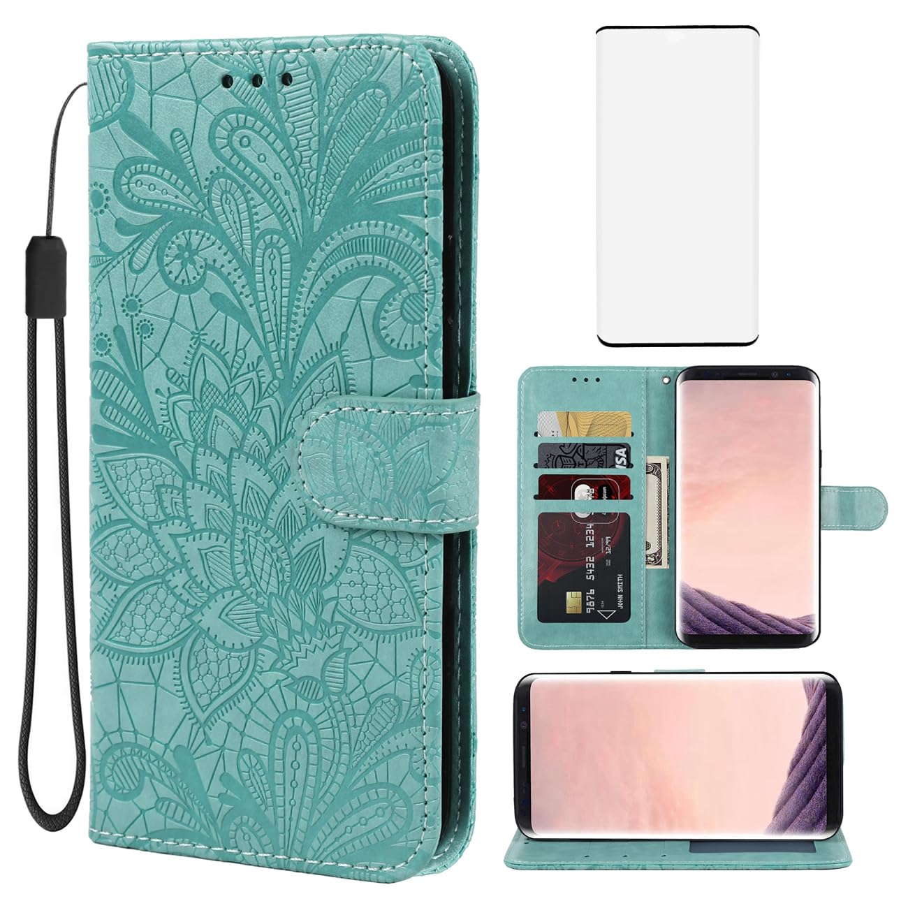 Photo 1 of Gufuwo Case for Galaxy S8 Plus Case, Samsung S8+ SM-G955U Wallet Case with Tempered Glass Screen Protector, Lace Flower PU Leather Flip Credit Card Holder Phone Cover for Samsung Galaxy S8 Plus Gray