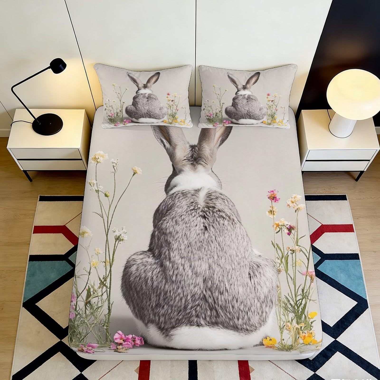 3D Printed Bunny Pattern Fitted Sheet Microfiber Deep Pocket Bedroom Bedding Bunny Mattress Fitted Cover Non-Slip Washable for Adults Teens 180x200x25cm