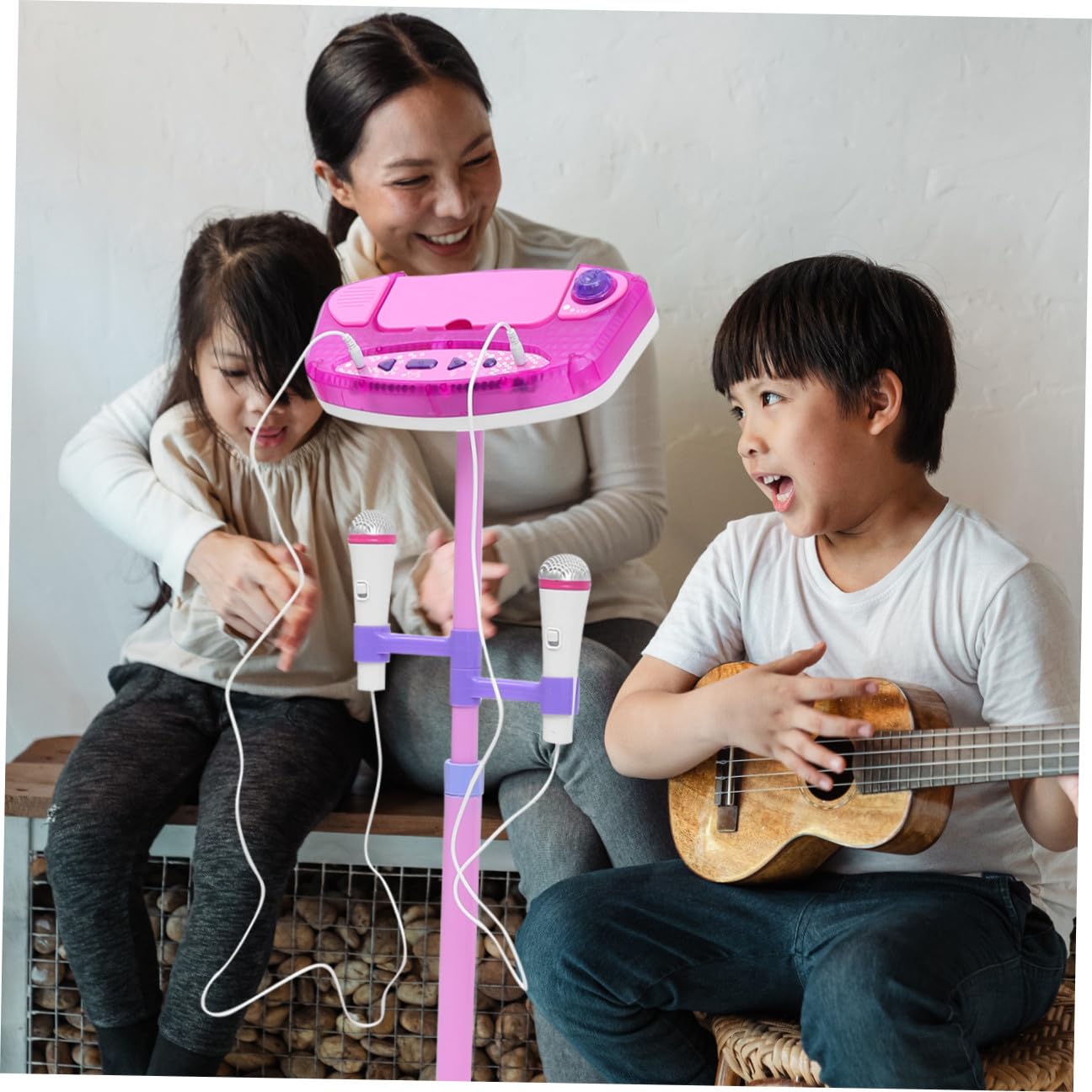 Micrófono de Juguete Rosa para Niños Función Interactiva y Reproducción Mp3, Diseño Doble Soporte Ajustable para Juego Educativo y Cantar