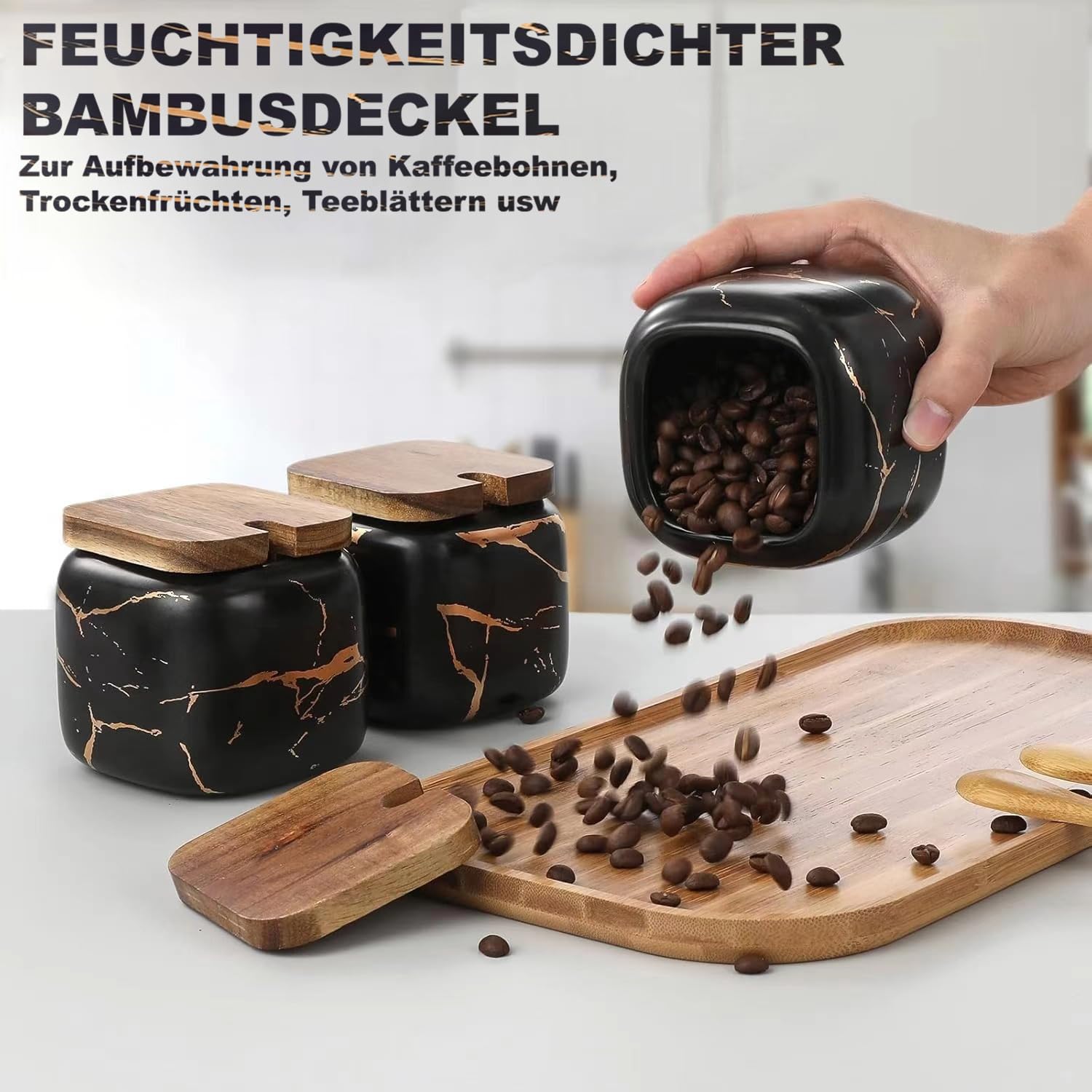 TELANKS Set Zuccheriera in Ceramica, 3 pz Condimento Box con Coperchio e Cucchiaio e Vassoio, Spezia Jar Cucina Scatola Barattolo di Spezie, Utensili da Cucina Forniture per Spezie, Nero