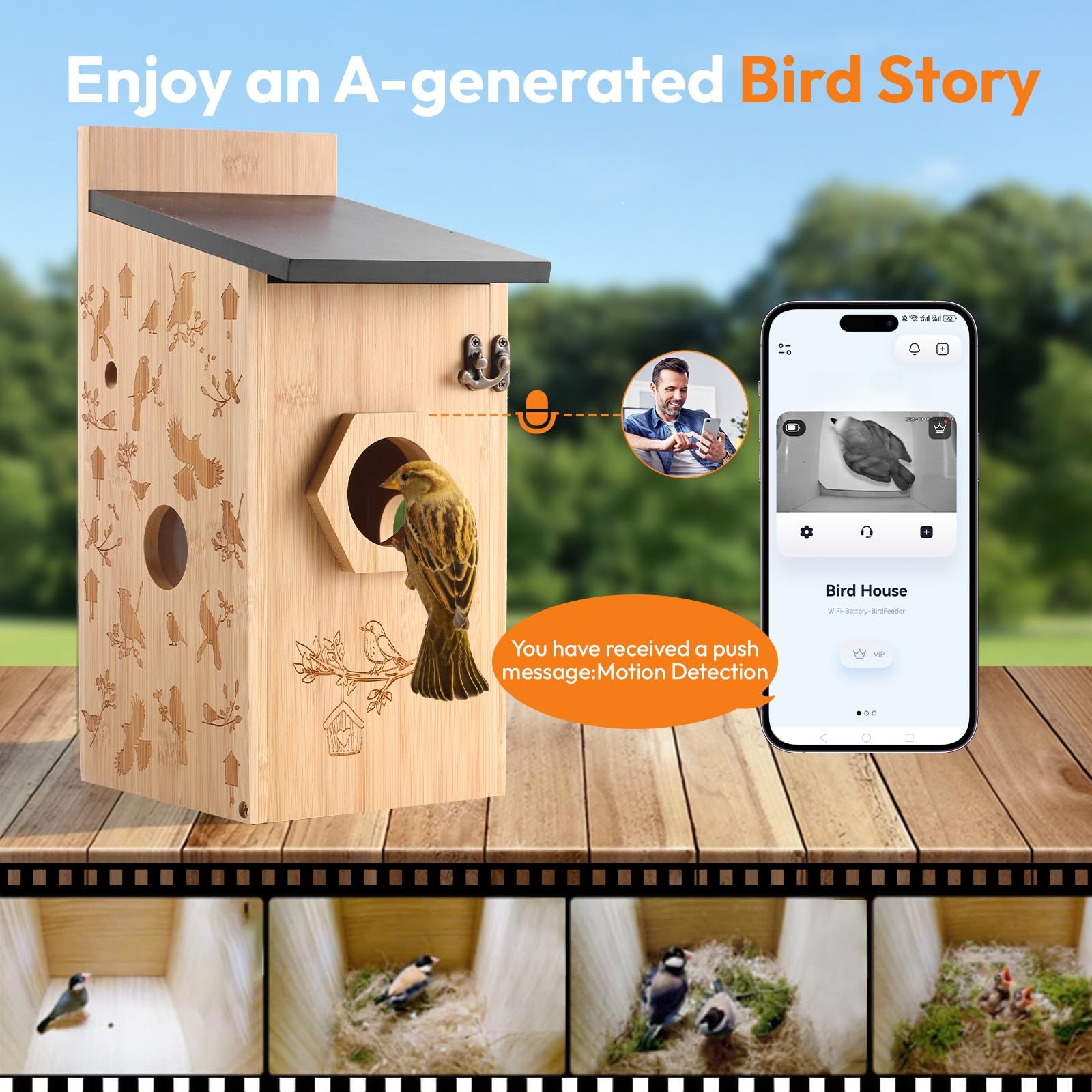 Casa para pájaros con cámara 3K, nido para pájaros para exteriores, resistente a la intemperie, 2,4 G WiFi y notificación de aplicación, grabación de vídeo/foto y detección de movimiento, observa la