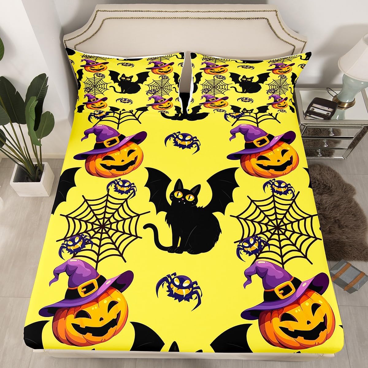 Halloween Spiders Fitted Sheet Full Rainbow Gothic Halloween Bed Sheets,Watercolor Glitter Stars Spider Web Bedding Set Psychedelic Cobwebs Halloween Decorations,Kawaii Room Decor Aesthetic