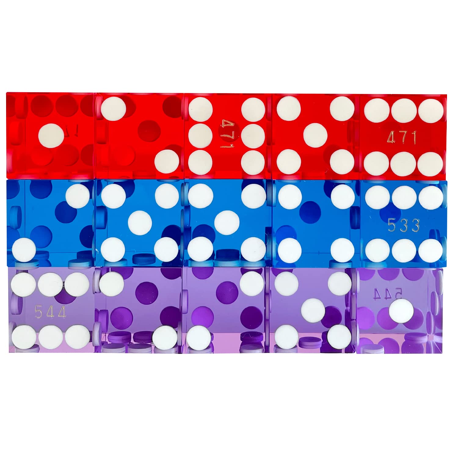 Yuanhe Grade AAA Precision 19mm Serialized Casino Craps Dice Set of 15 with Razor Edges and Corners-Blue & Red & Purple