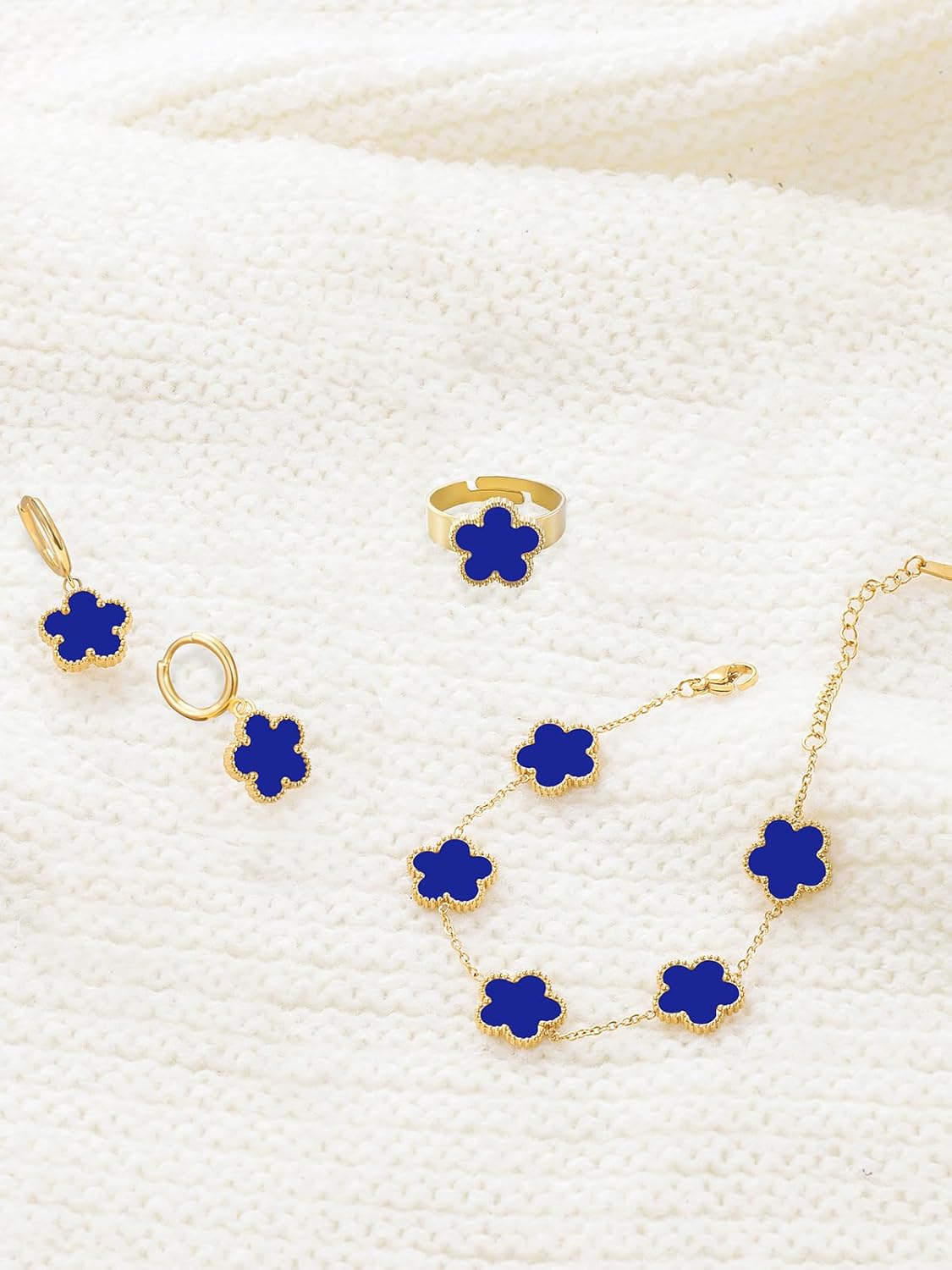 Gold Plated Five Leaf Clover Bracelet Rings and Dangle Earrings Set for Women Lucky Flower Jewelry - Image 7