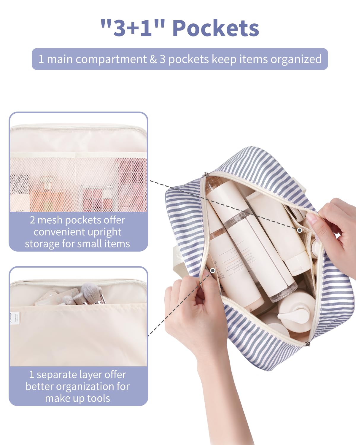 Full Size Toiletry Bag Women Large Cosmetic Bag Travel Makeup Bag Organizer Medicine Bag for Toiletries Essentials Accessories (Greyish Blue Stripe, Large)