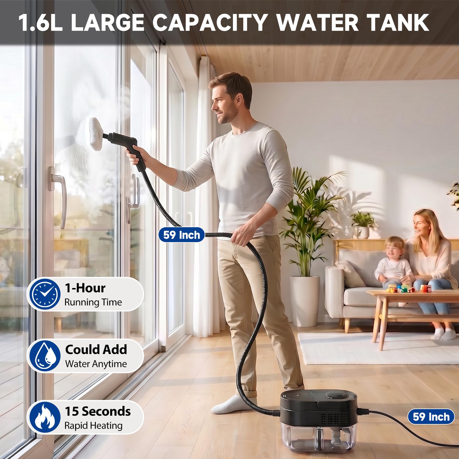 Vaporeta Limpieza Hogar, 2500W Limpiador a Vapor de Mano con Mango Regulable en 3 Niveles y Depósito de Agua 1600ML Limpiadoras a Vapor Portátil para Limpiar Cocinas, Baños, Coches, Ventanas