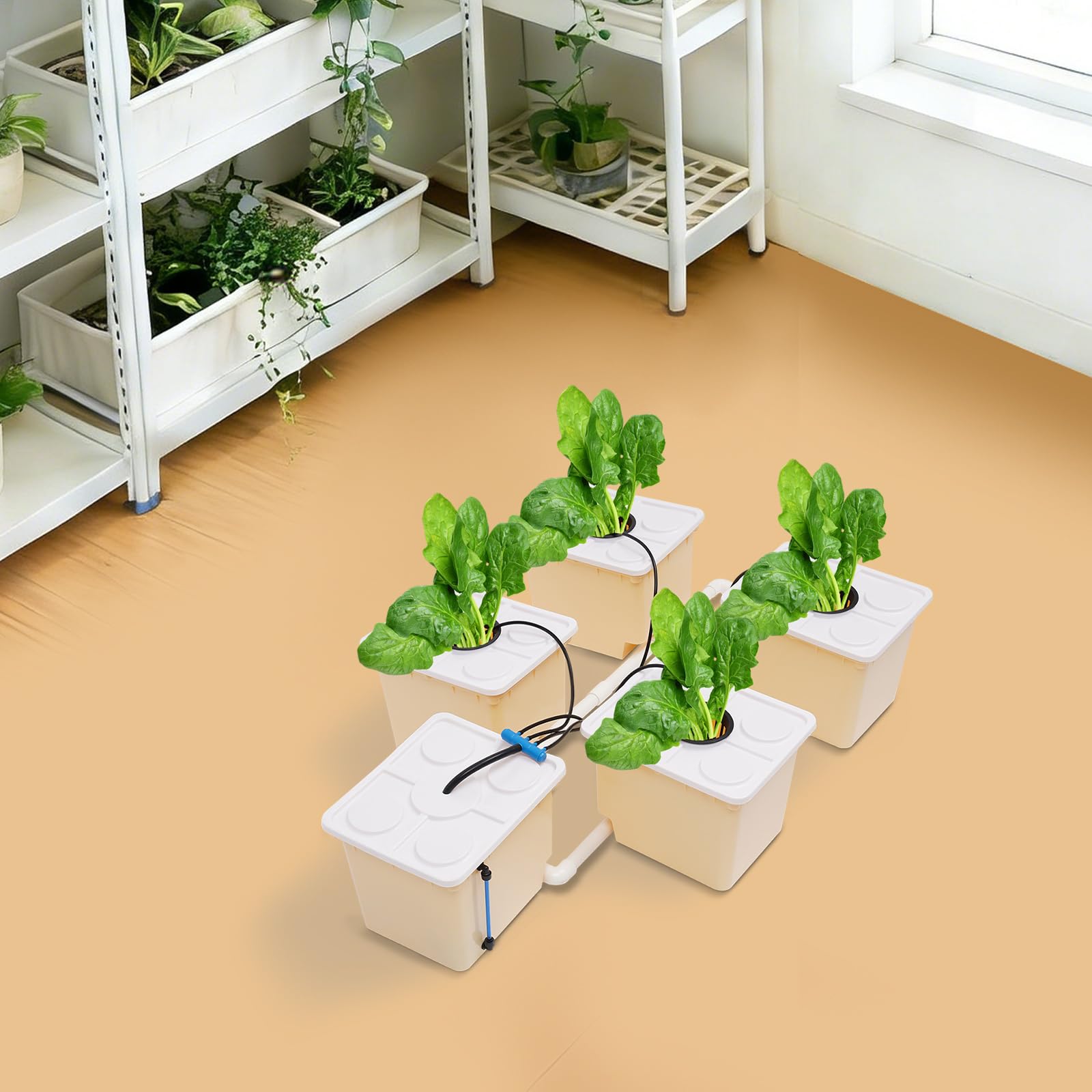Juego de cubos hidropónicos, sistema DWC con 5 cubos, 4 vasos de red, bomba de agua de 4 W 300 L/h, 11 L de capacidad por cubo, juego de cultivo hidropónico para verduras, hierbas y flores