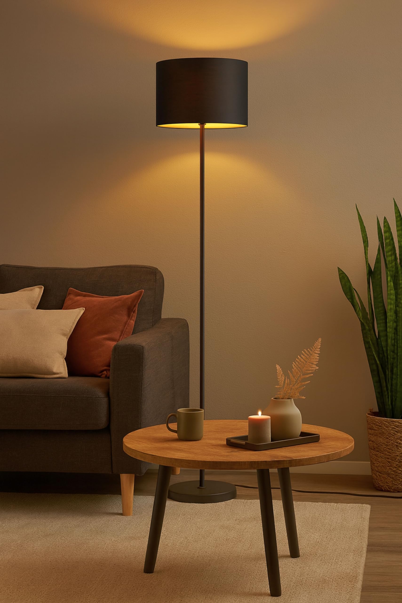 Stehlampe Benny mit Schirm aus Stoff in Schwarz, Innenseite Gold, Korpus Metall schwarz, Stehleuchte für Wohnzimmer, Schlafzimmer etc., exkl. 1x E27 (max. 60W). Höhe: 160cm, Ø 35 cm