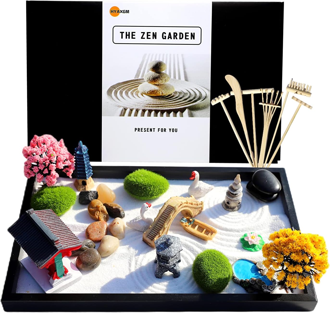 HYAXGM Zen Garden for Desk-Japanese Zen Garden 12x8 Inch-Zen Garden Kit-Home, Office Desk Accessories. Zen Sand Garden, 6 Tools, 18 Features,Office Desktop Accessories, Meditation Gifts