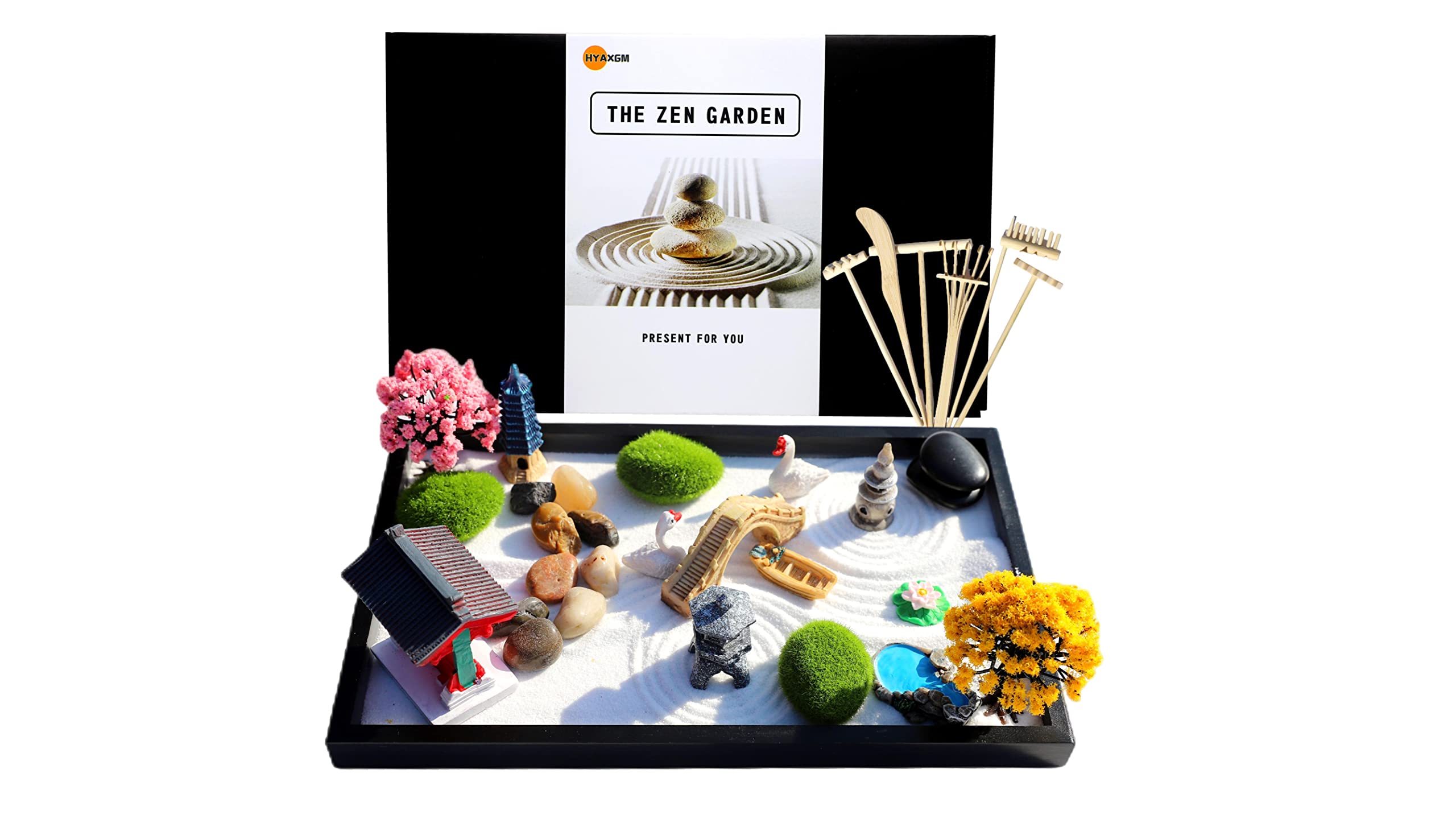 HYAXGM Zen Garden for Desk-Japanese Zen Garden 12x8 Inch-Zen Garden Kit-Home, Office Desk Accessories. Zen Sand Garden, 6 Tools, 18 Features,Office Desktop Accessories, Meditation Gifts