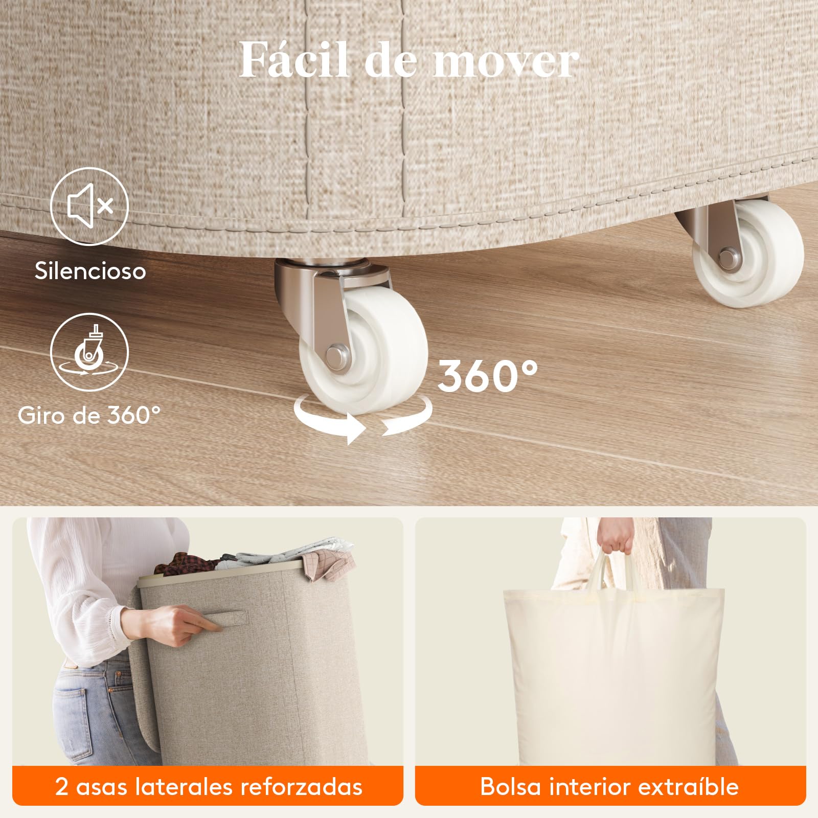 Lifewit Cesto Ropa Sucia con Tapa y Ruedas, Cubo Ropa Sucia Plegable con Bolsa Extraíble, Laundry Basket para Dormitorio, Baño y Lavadero, 105L, Beige