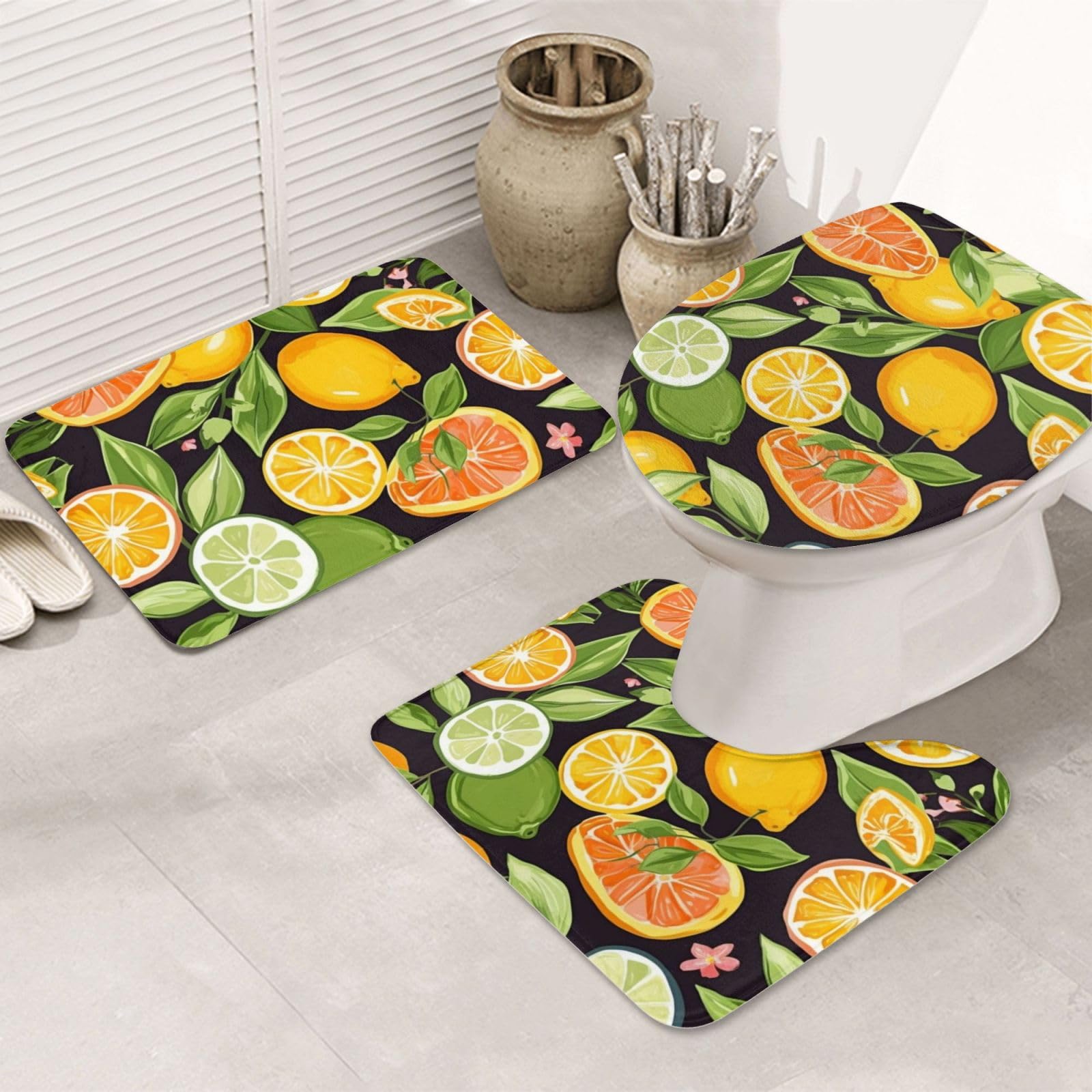 Tapis de salle de bain antidérapant lot de 3 ultra absorbant et doux motif agrumes