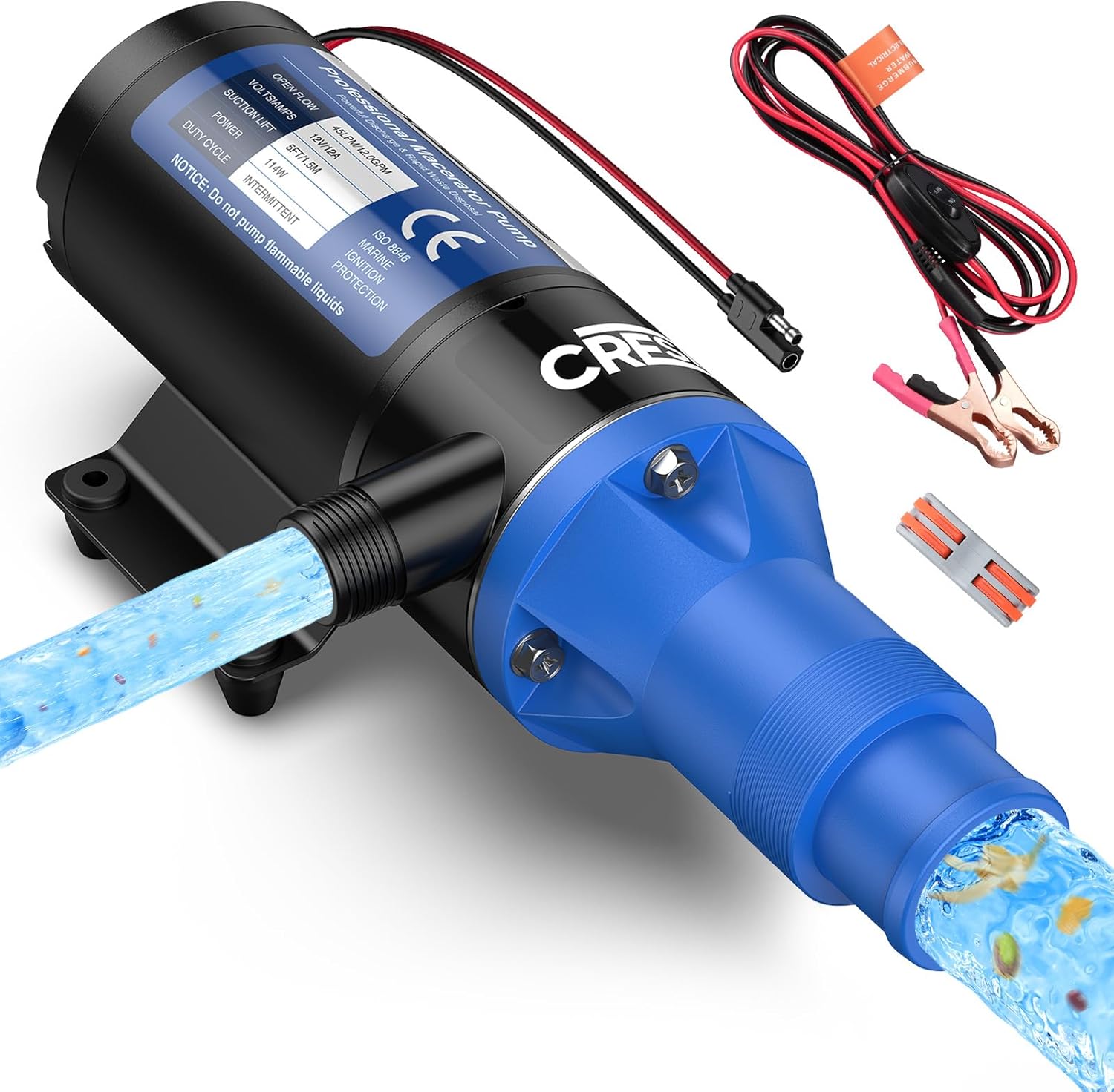 CrestWave Upgraded 12V Macerator Pump, Efficient 12GPM Macerator Waste Pump with 4-Blade Chopper, Self Priming Up to 5 Ft, Anti-Clog Design Macerator Pump for RV, Yacht, Marine, Toilet