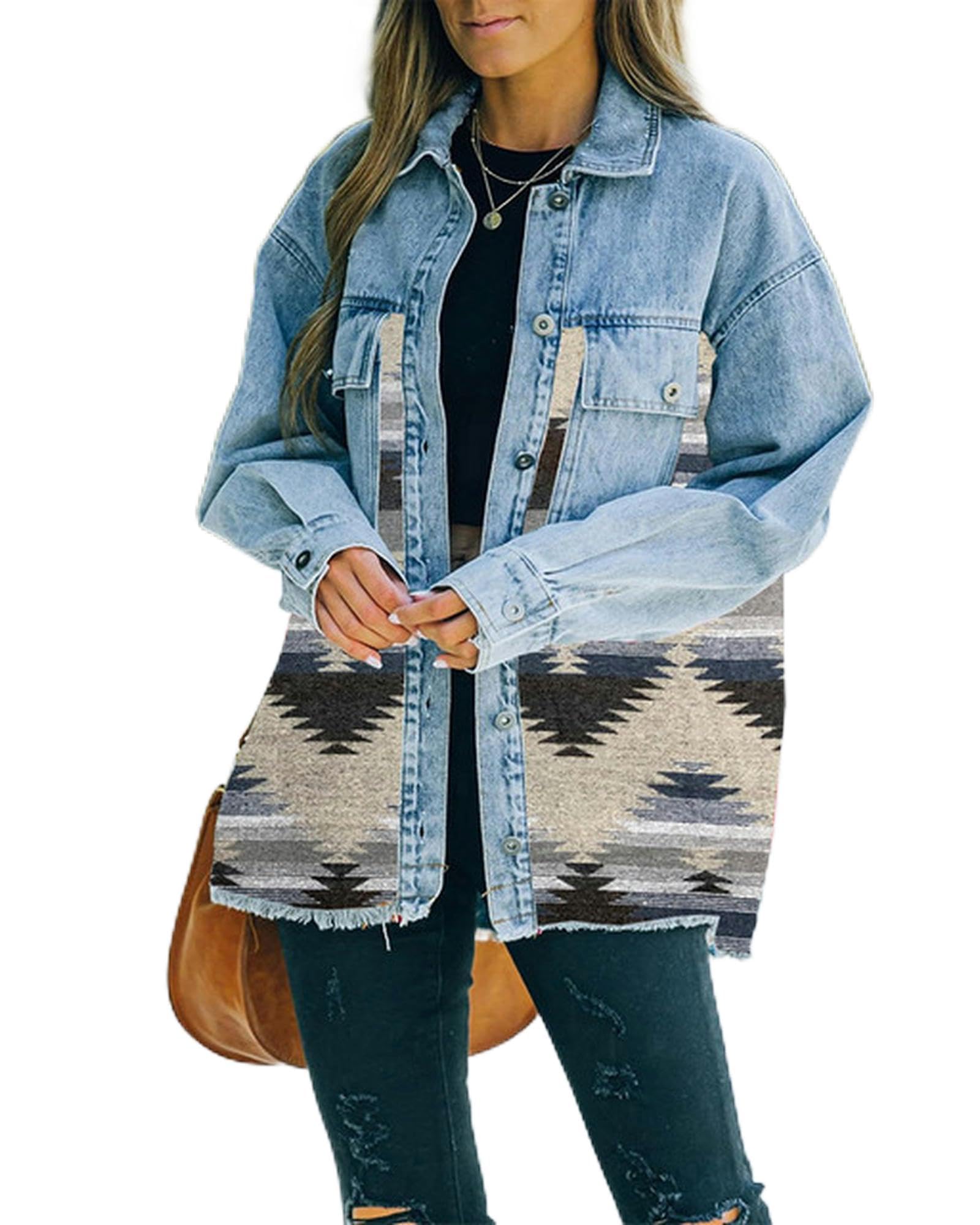 Jeans Casual chaquetas 2023 Otoño Invierno nuevo azteca solapa bolsillo Denim abrigo Patchwork manga larga lana mujer chaqueta Retro