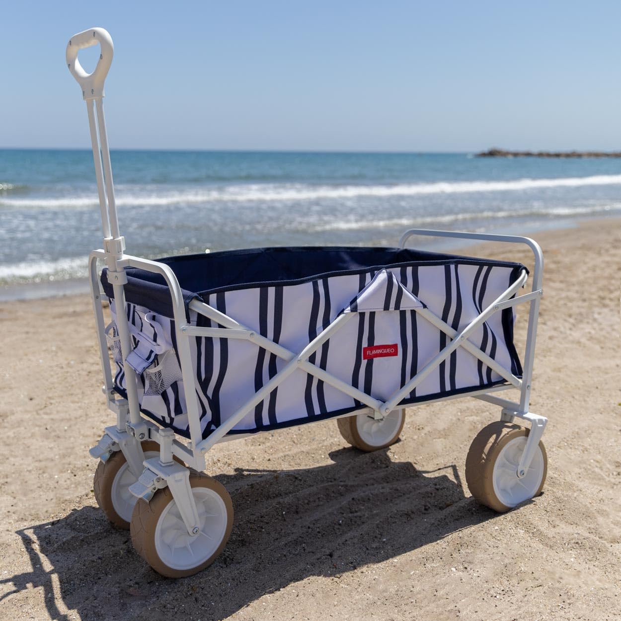 Flamingueo Carro Playa, Plegable con Ruedas, Giro 360º y Frenos Incorporados, Bolsa para Protección, Doble Posavasos, Poliéster, 83 x 50 x 93 cm