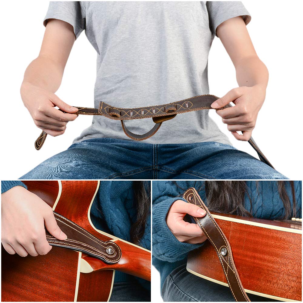 Correa de cuero para guitarra, correa de guitarra de piel auténtica de 3.15 pulgadas con forro de gamuza y cuero para bajo, guitarra eléctrica y guitarra acústica (marrón)