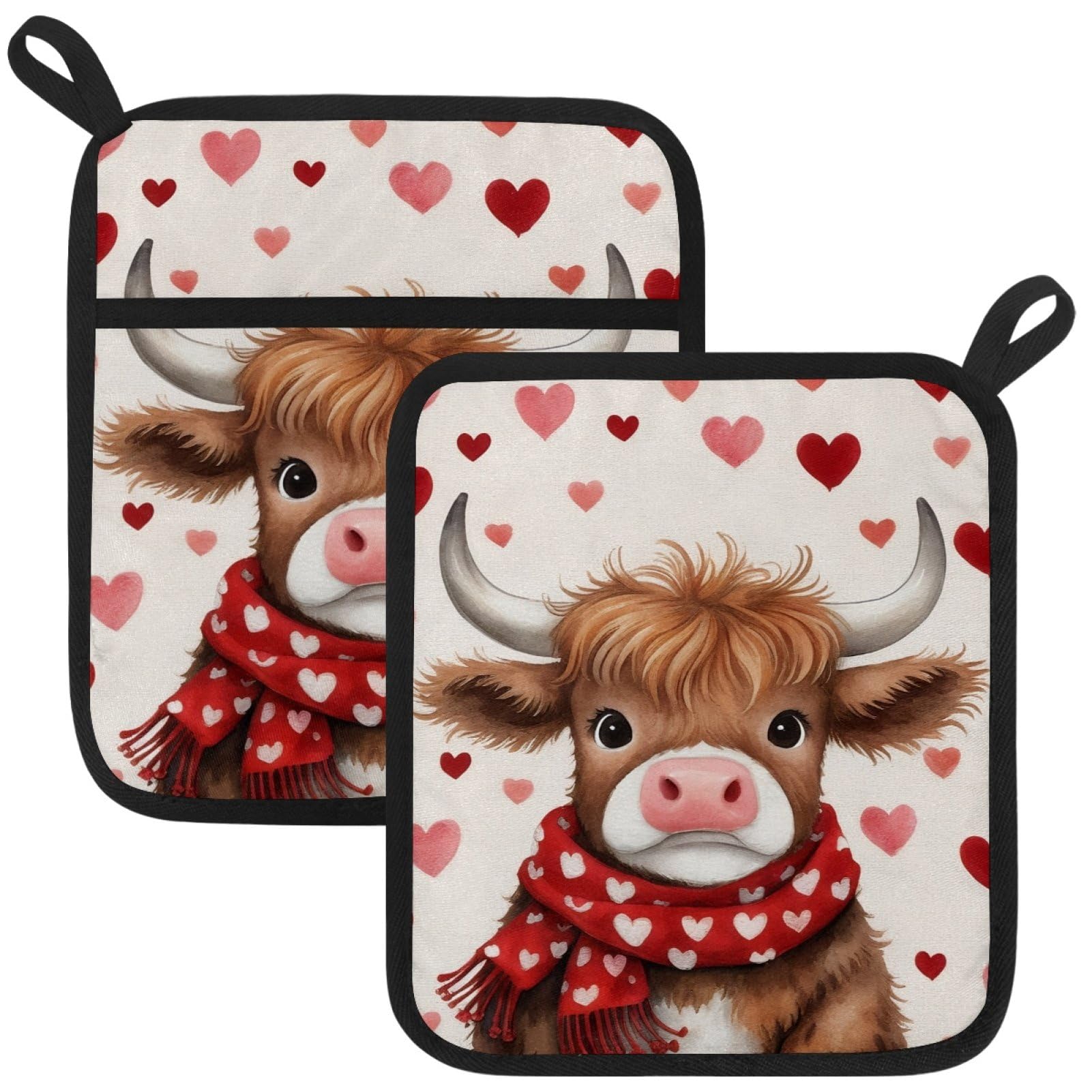 VAPOKF Love Highland Cattle Kitchen Hot Pot Holder, Pot Holders Heat Resistant Pot Holder with Pocket Heat Resistant Trivets for Hot Pans Cotton Pot Mitts for Kitchen Cooking Baking