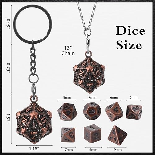 Miniatura 3 de Syhood Juego de dados pequeños, 7 piezas de dados pequeños de metal, collar hueco D20, estuche de dados, llavero, juegos de mesa para juegos de rol,