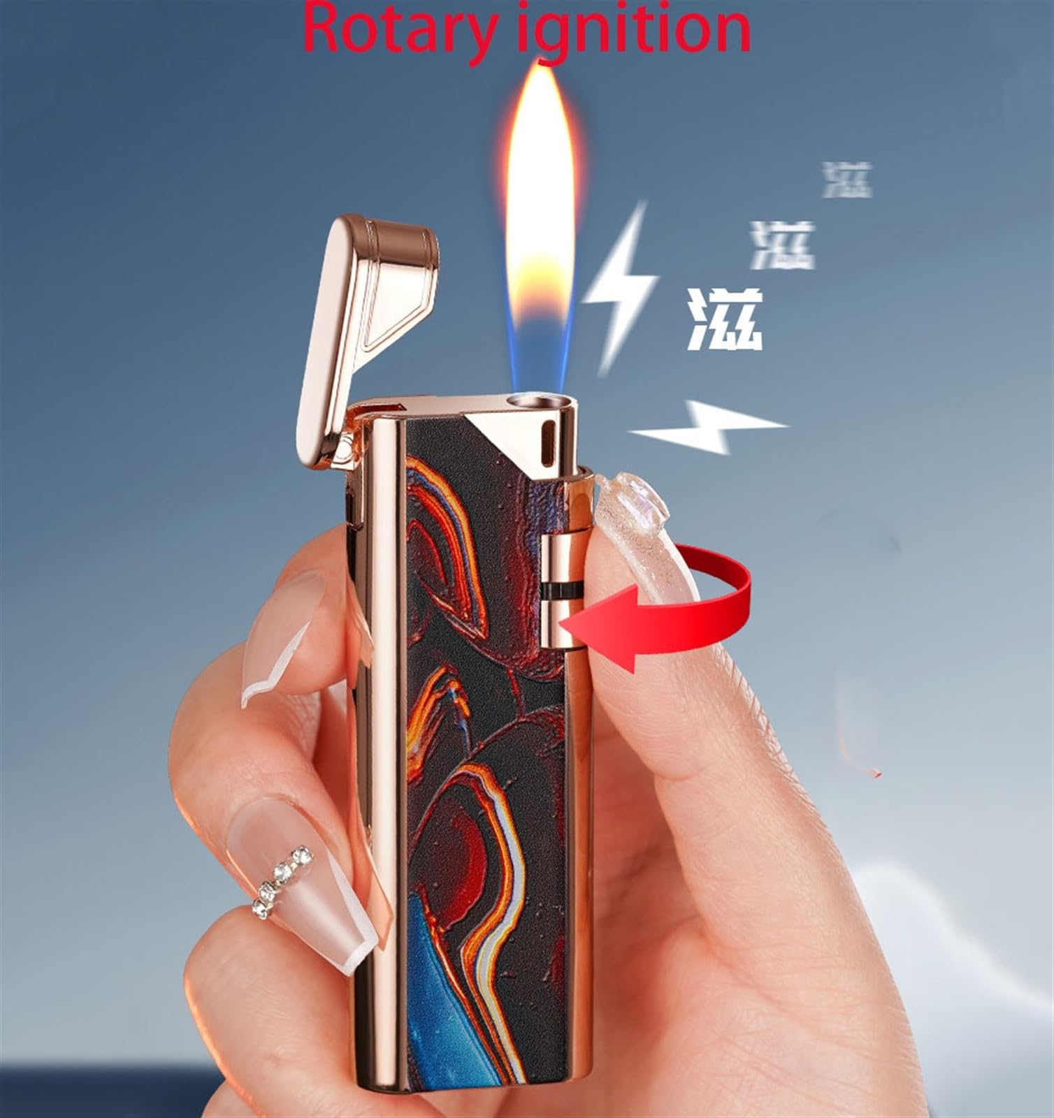 Encendedor de metal, recargable de butano, llama abierta, tamaño de llama ajustable, portátil y elegante para uso en exteriores, fogata, gran idea de regalo