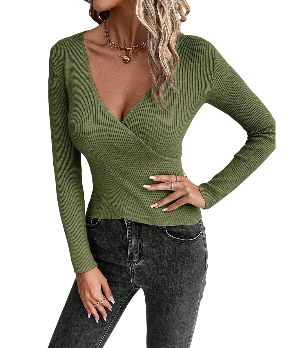 V Neck Sweaters for Women Long Sleeve Plunging Neckline Sexy Wrap Tops for Women Elegant Cocktail Evening Tops