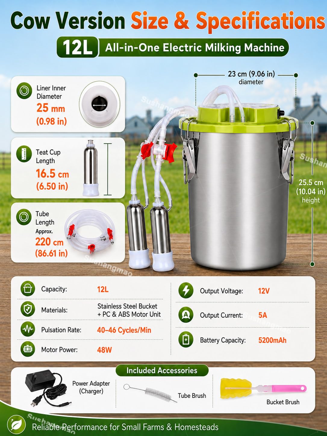 Mungitrice da 12 L per Bestiame, Mucche, Capre e Pecore Cattle | Mungitrice per Capre con Secchio Inox 12 L, Arresto Auto e Pulsazione Regolabile per Mucche, Capre e Pecore
