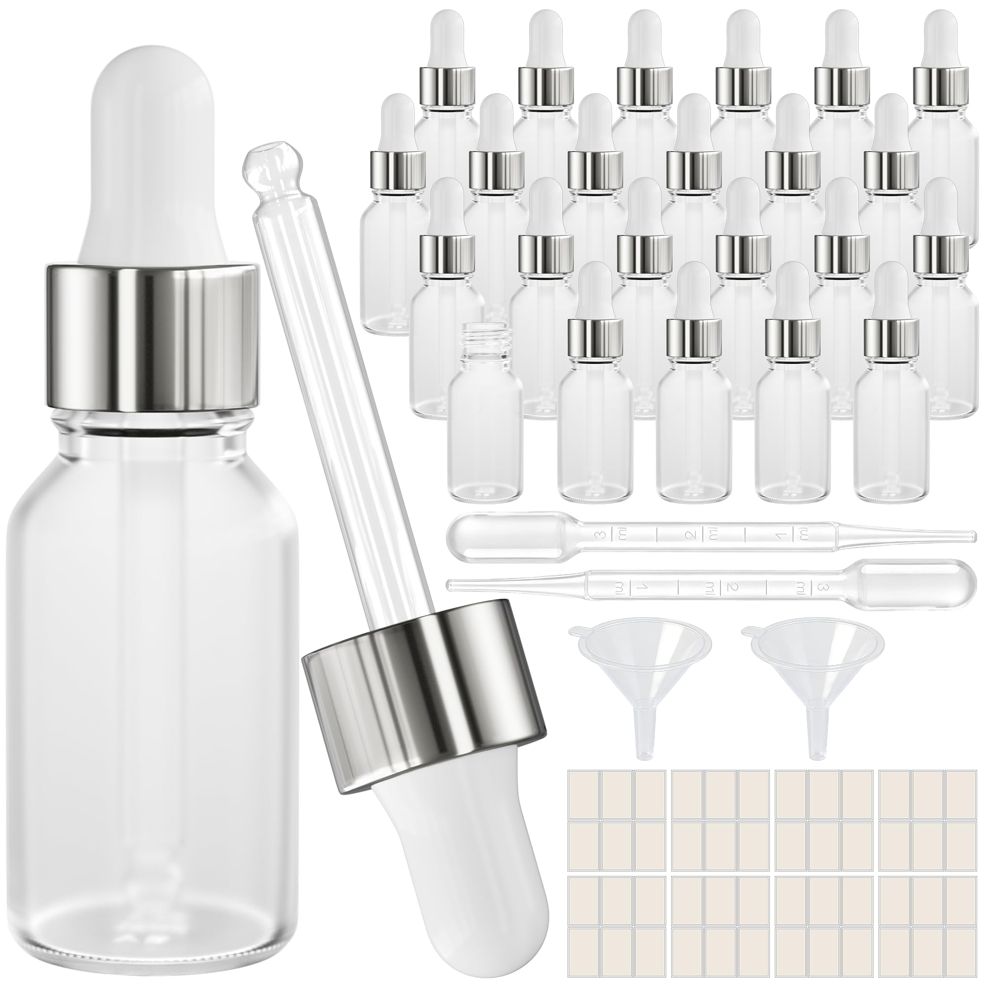 PrettyCare 24 pcs，Eye Dropper Bottle 0.5 oz（ 15 ml Frosted Glass Bottles with Silver Caps, 2 Extra Measured Pipettes, 48 Labels, 2 Funnels Empty Tincture Bottles for Essential Oils