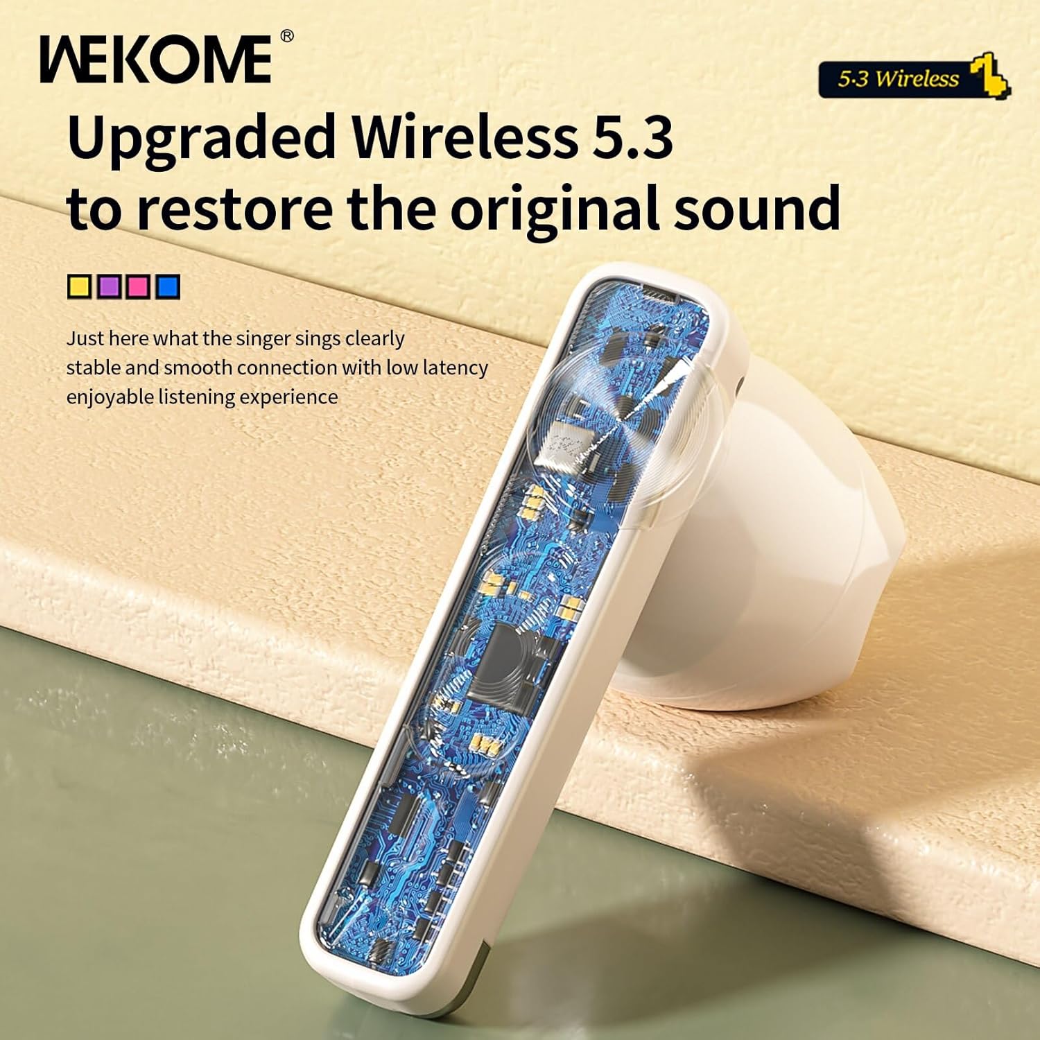 WEKOME Earbud showing internal circuit board for Wireless 5.3