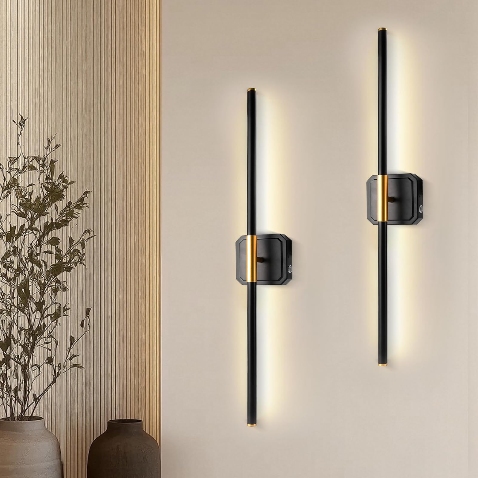 E-ROOM TREND Wandleuchte Innen LED | 3 Farben Akku Dimmbar und Timer Funktion Musik Sync | Kabellose Fernbedienung | Dimmbare Raumbeleuchtung für Schlafzimmer | Schwarz 2 Stück (WL133A2)