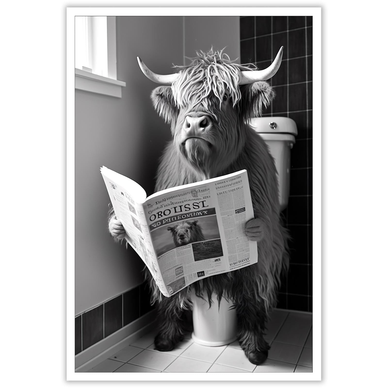 KOEUIRW Funny Highland Cow Bathroom Canvas Wall Art Black and White Longhorns In Toilet Aesthertic Poster Vintage Cute Animal Print Painting Modern Farmhouse Wall Decor for Bathroom16x24in Unframed