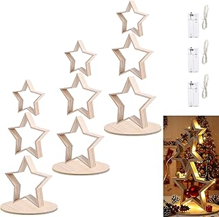 3 Sets Christmas Wooden Star Table Centerpiece Decor with Light Strip Wooden Tabletop Centerpiece Sign for Crafts Star Shelf Display Decor DIY Xmas Desktop Ornament for Farmhouse Desk(Wood Color)