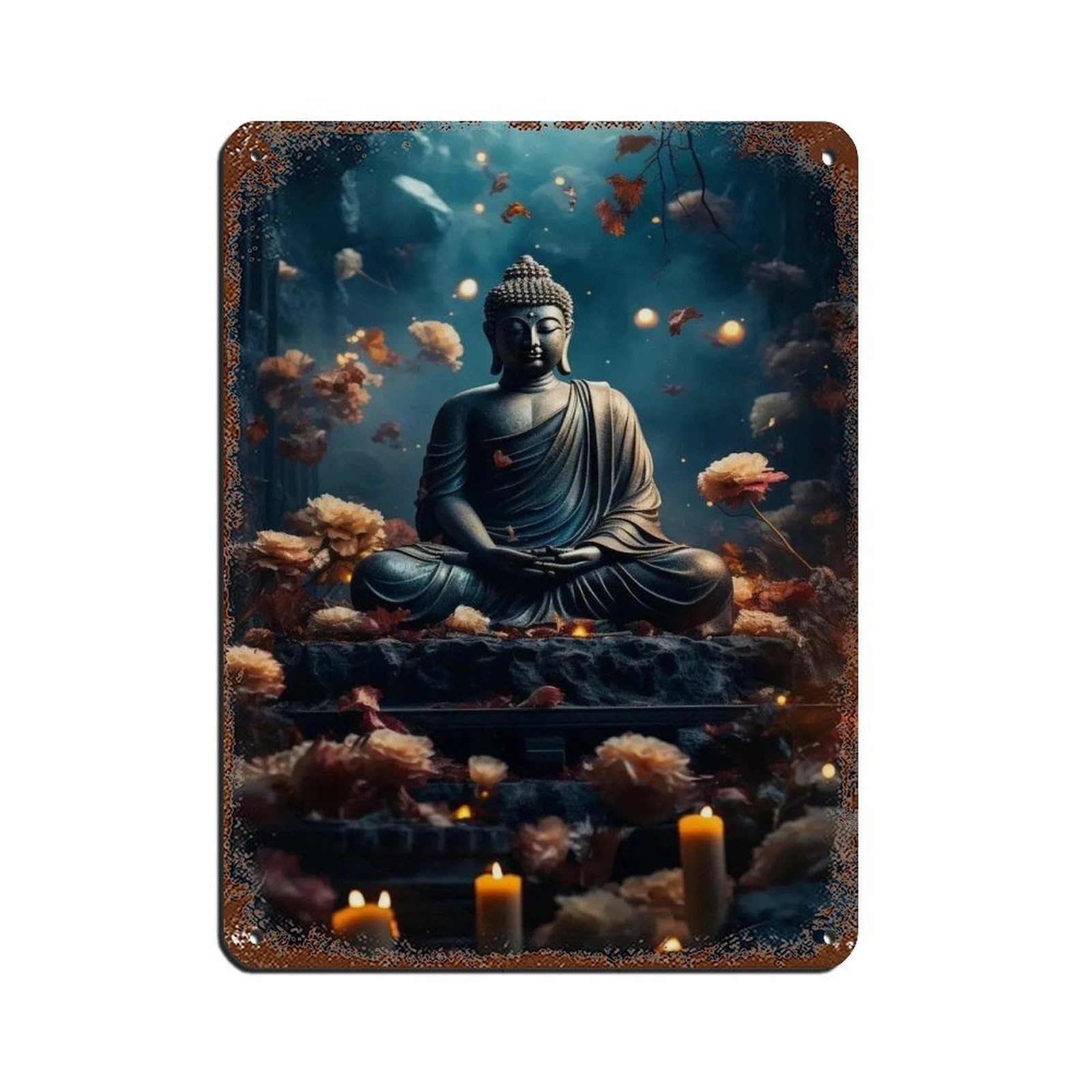 Illuminated Buddha Amid Flowers– Tranquil Zen Tin Sign Vintage Metal Pub Club Cafe Bar Home Wall Art Decoration Poster Retro 12x16inch(30x40cm)
