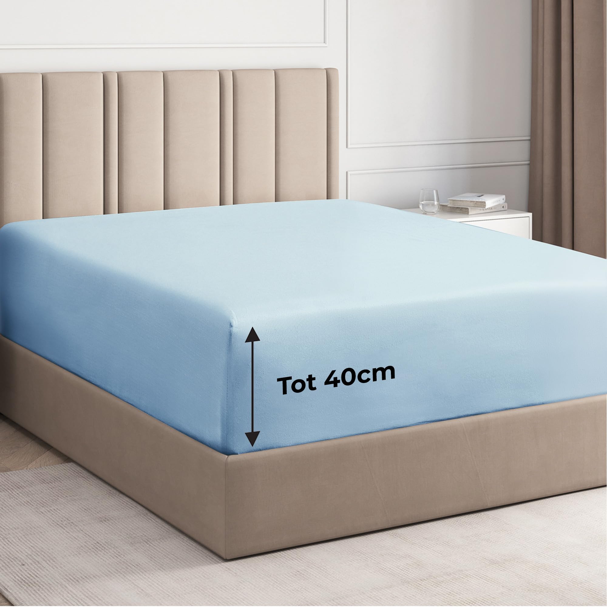 Lenzuolo con angoli 180x200cm – Altezza del bordo 40cm – In microfibra di poliestere spazzolato – Adatto per letti boxspring – Si adatta a materassi fino a 40cm – Certificato OEKO-TEX, Azzurro chiaro
