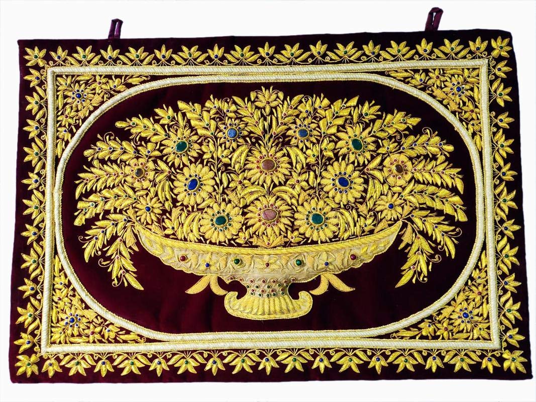 BLISS DÉCOR 24" X 36"Indian Hand Embroidered Zardozi Zardosi 3D Wall Decorations Decoratives Hanging with semi Precious stone and golden wires.