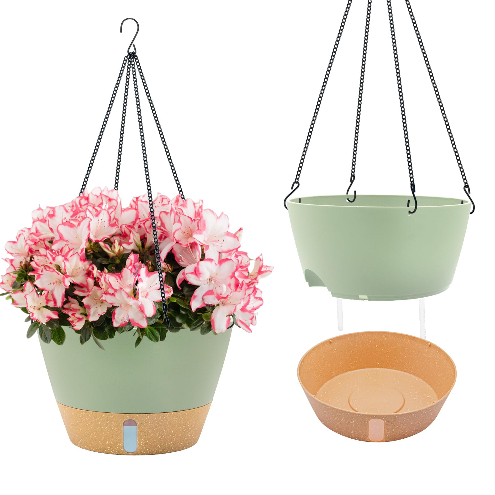 ZMTECH 30cm Selbstbewässernder Pflanztopf Hängend, 2er-Set, Blumentopf mit Untersetzer, Wasserstand-Fenster & Drainagelöchern für Innen- und Draussen, Grün