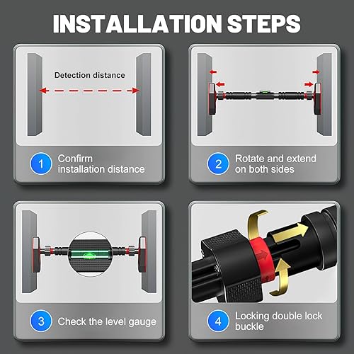 Miniatura 6 de Barra de dominadas para puerta, barra de entrenamiento de fuerza con medidor de nivel ajustable de 25.5 a 39.3 pulgadas de ancho, mecanismo de