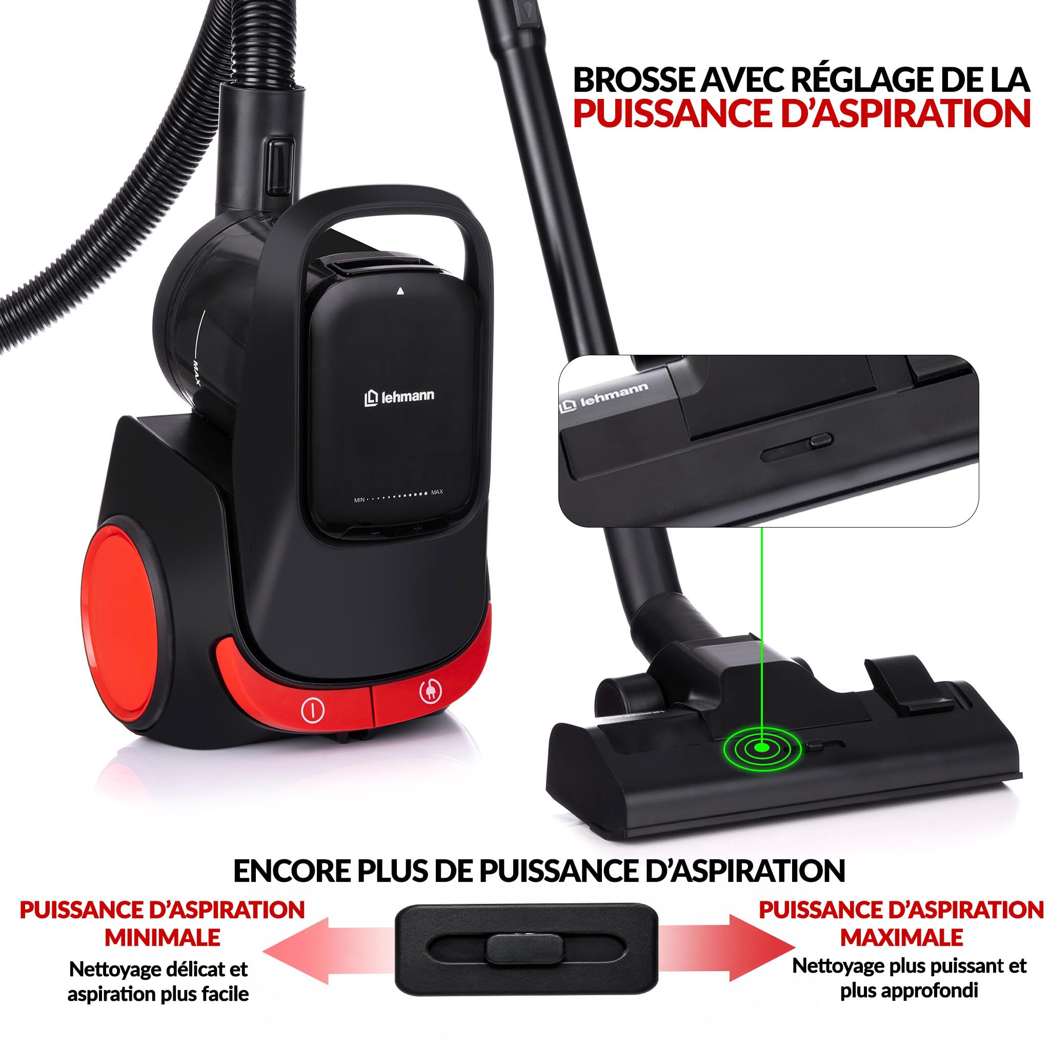 Lehmann Aspirateur sans Sac Cyclonique avec Commande à Poignée, Double Filtration avec Filtre HEPA, Compact, Réservoir 1,5 L, Aspirateur Traîneau Puissant avec 4 Modes Multi-Surfaces