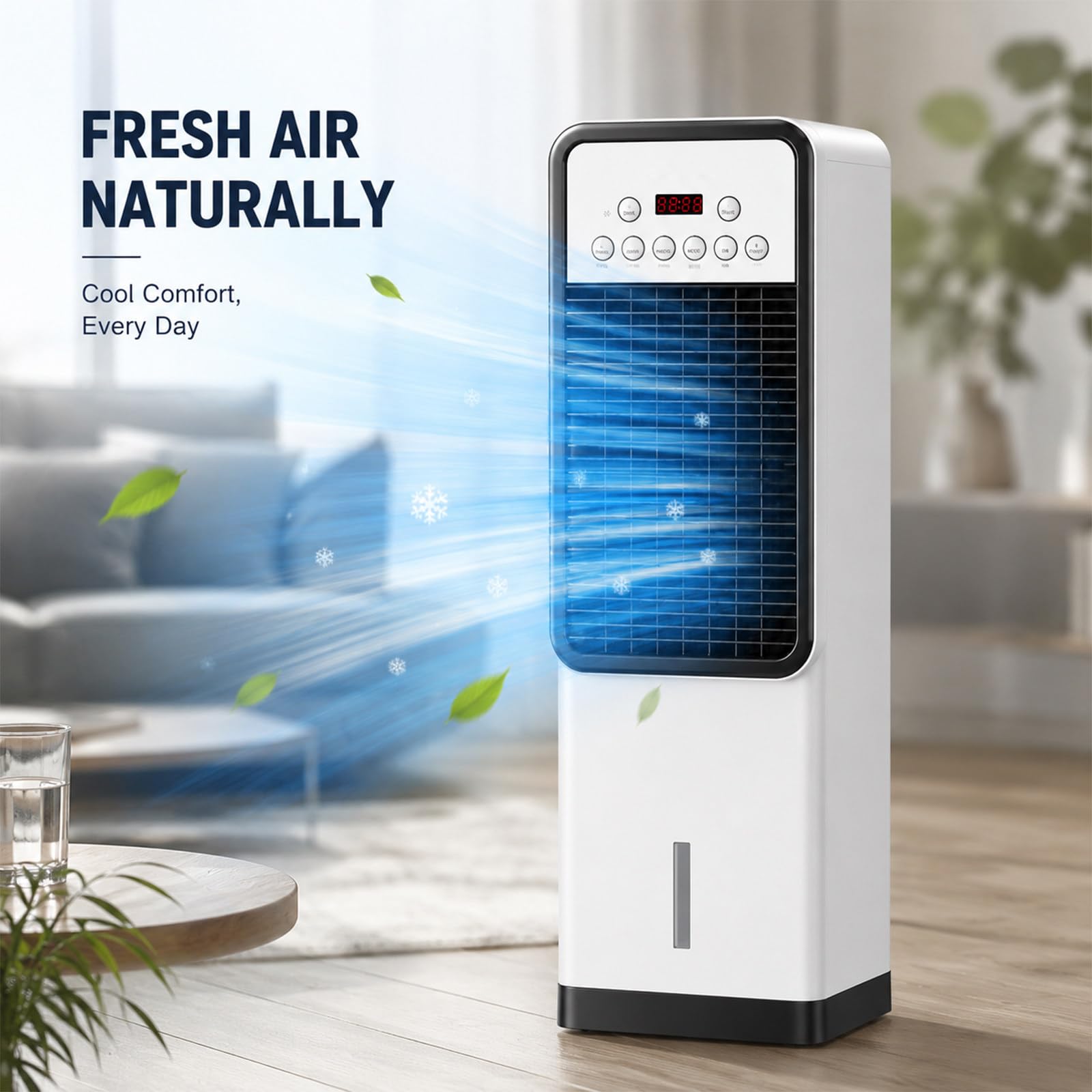 8000 BTU tragbares Klimagerät mit Kühlventilator, Fernbedienung, 4 Modi, 3 Stufen, 110° Oszillation, leises Klimagerät für Schlafzimmer und Büro