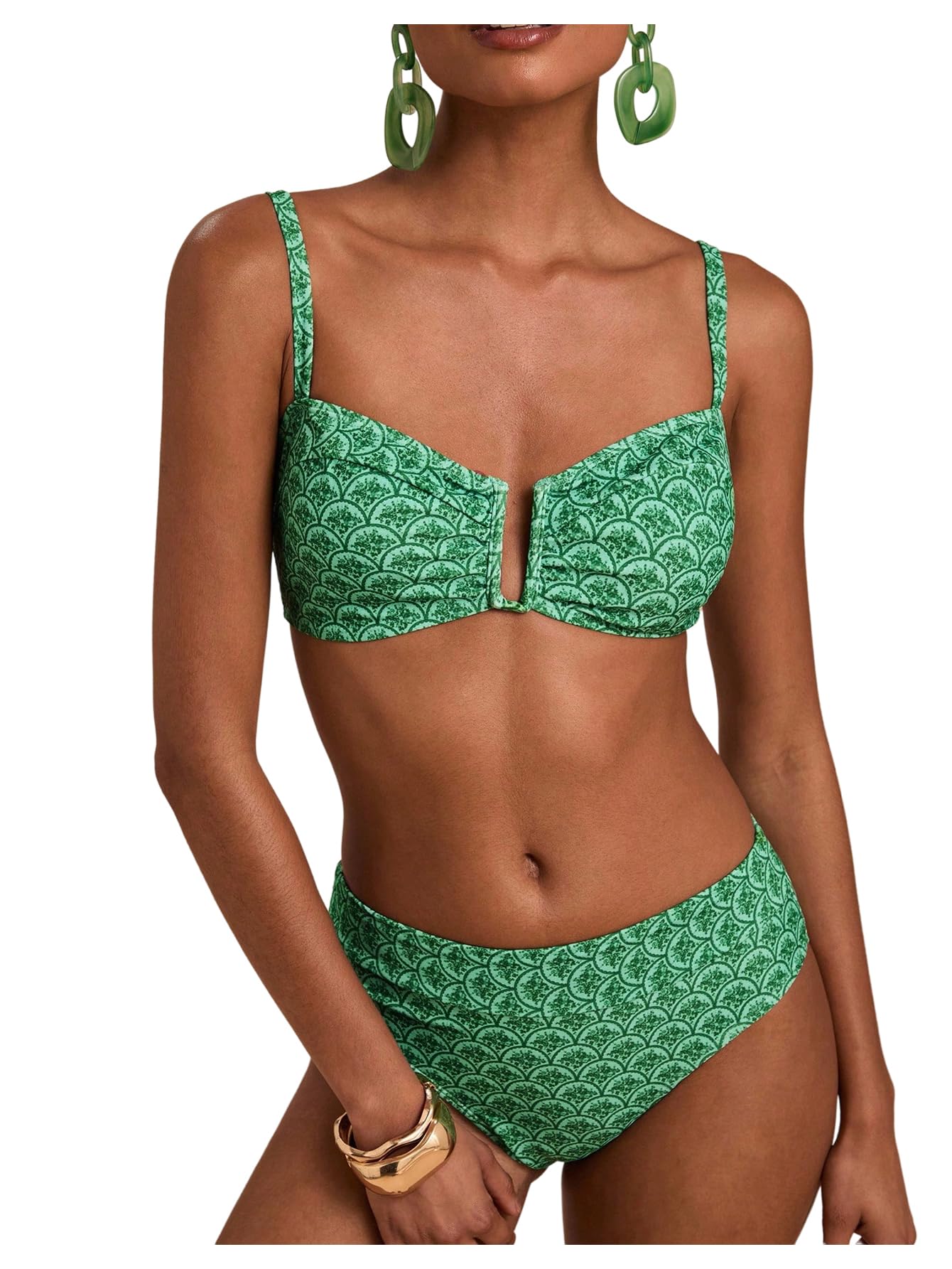 Bikini 2 pièces bohème vert multicolore avec bas taille haute stretch XL - 6