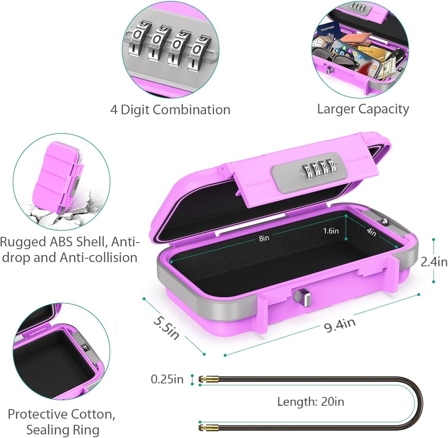 ORIA Portable Security Case, 4 Digit Combination Key Lock Box Security Case, Portable Safe Box Storage Smartphones, Passports, Credit Cards for Beach, Travel, Pink Purple