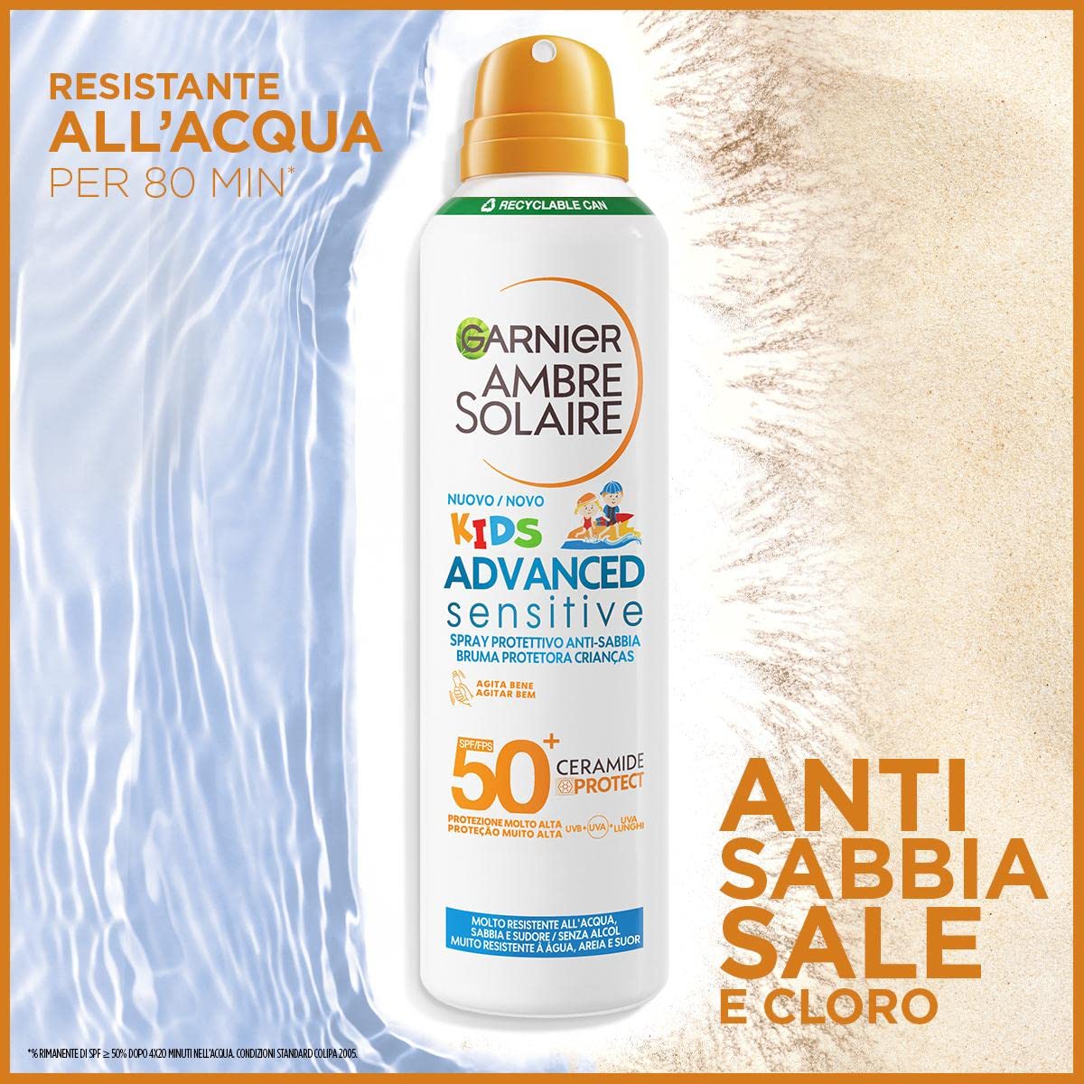 Garnier Ambre Solaire Advanced Sensitive Kids Ceramide Protect Spray Aerosol Anti-Sabbia SPF50+, 150 ml