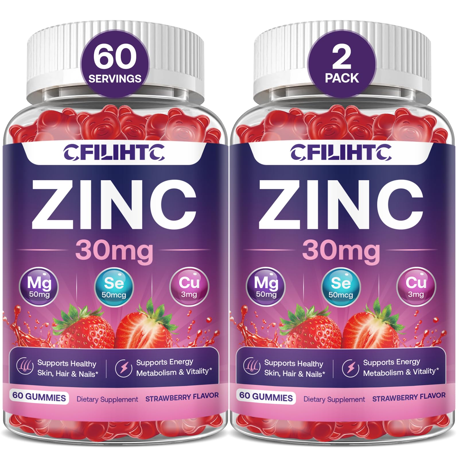 Zinc Gummies 30mg with Biotin 5000mcg, Copper, Selenium & Magnesium - Zinc Supplements for Women & Men with Vitamins C, D3 & K2 - Sugar Free Vegan Strawberry Gummies, 2 Pack, 120 Count Strawberry 60 Count (Pack of 2)