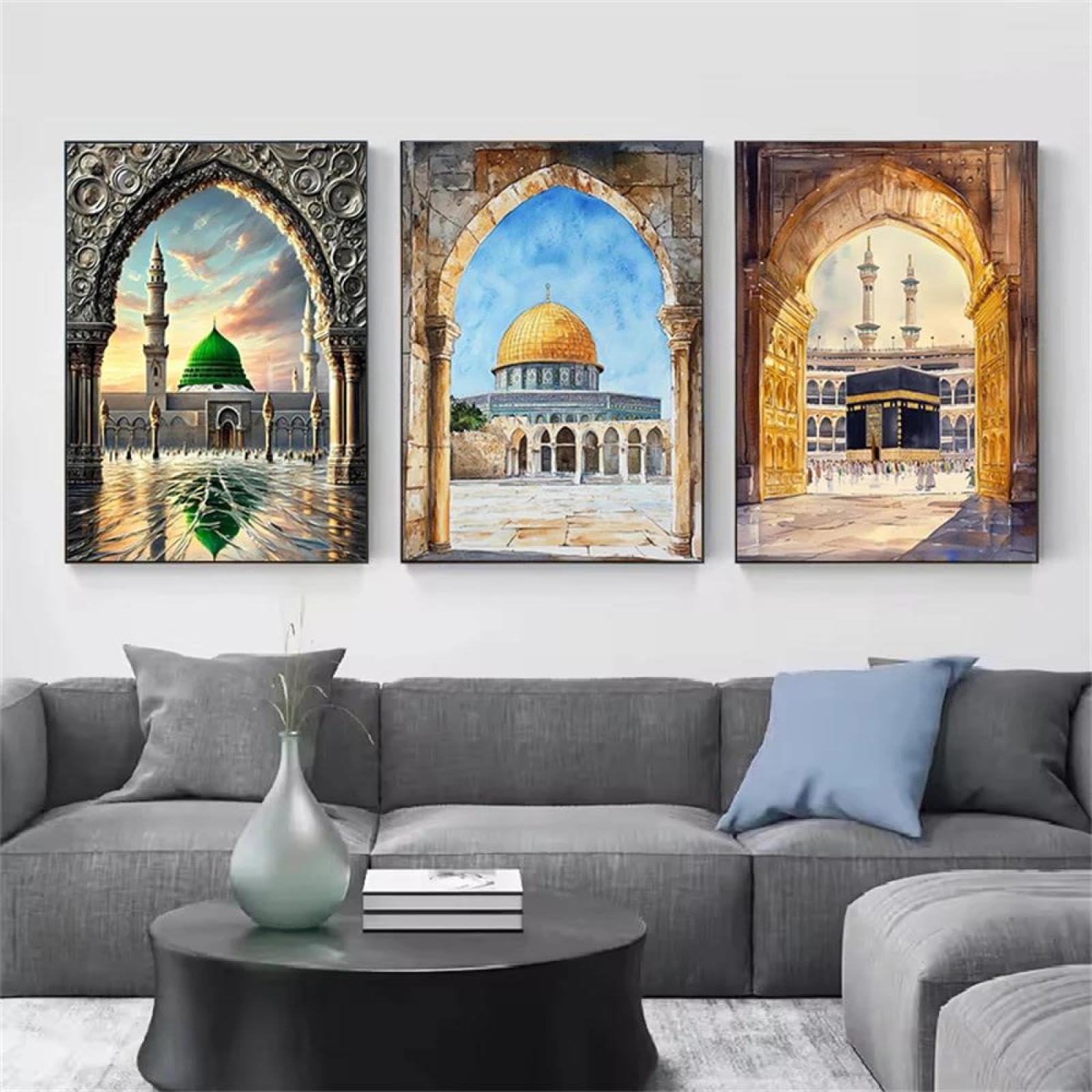Baibexing Al-Aqsa Masjid Mosque Kaaba Islamic Canvas Painting Morocco Wall Art Poster Print Picture Living Room Home Decor 60X80Cmx3Pcs Unframed