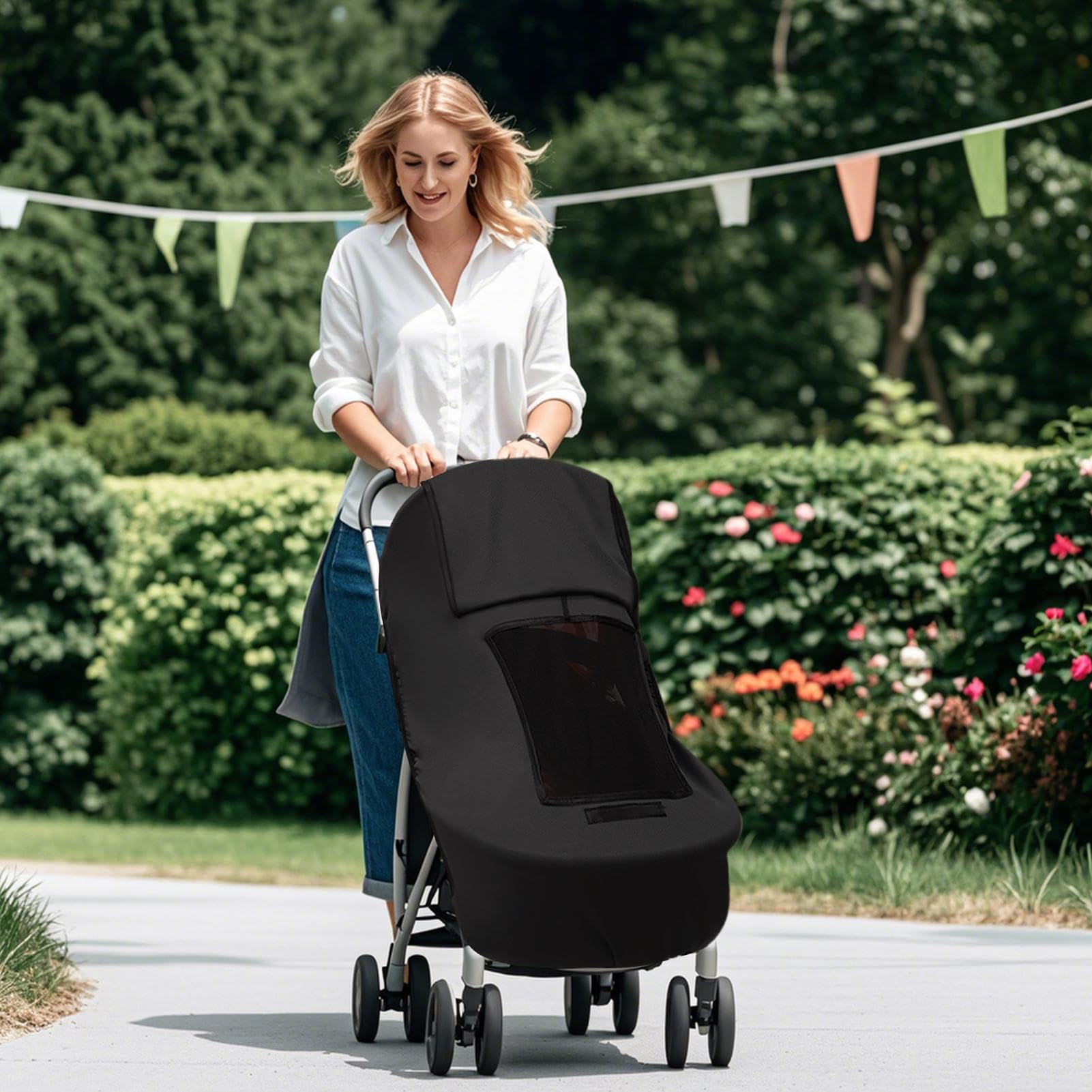 Pram Sun Shade - Sun Shade for Stroller | UV Protection Canopy for Pushchair | 360-Degree Shielding Stroller Cover | Rain Cover for Pram Accessories for Daily Travel, Picnic, Shopping, Camping