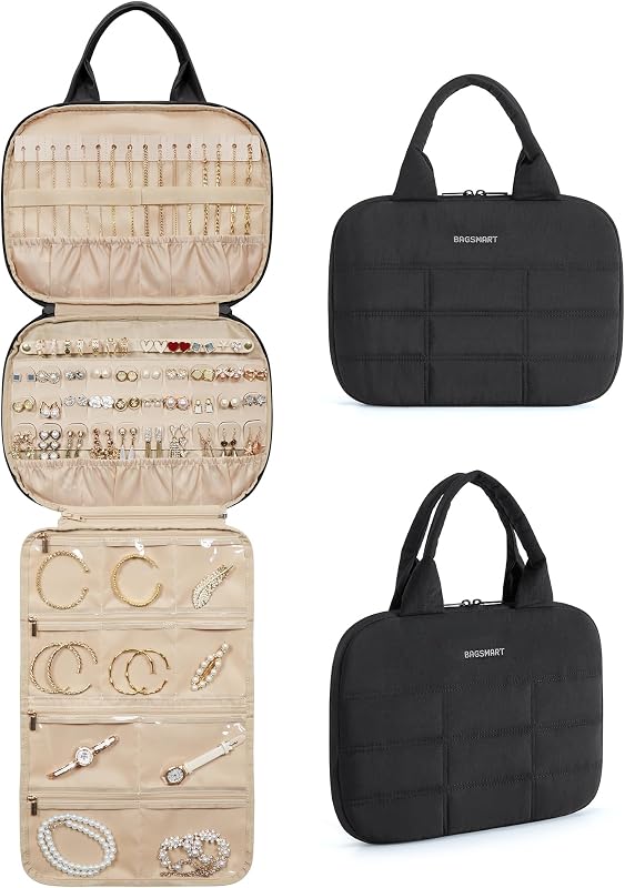 BAGSMART Estuche de viaje para joyas, organizador de joyas colgante con bolsillos con cremallera, rollo de joyería hinchado de gran capacidad para pendientes, collares, anillos en el armario, pared, puerta, artículos esenciales de viaje portátiles, color negro