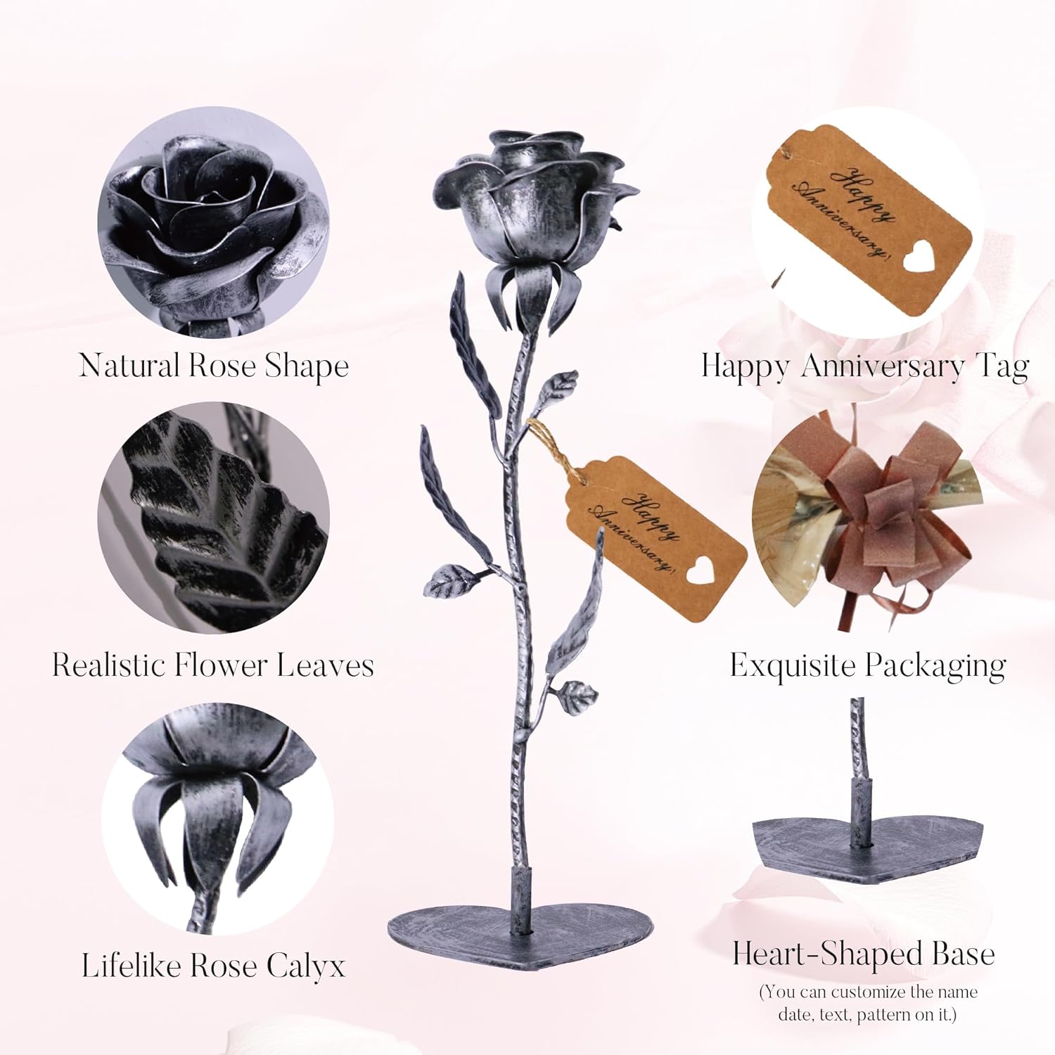 6 Year Anniversary Iron Gift for Her - Iron Rose with Happy Anniversary Card & Metal Base, 6th Wedding Anniversary Couples Gift for Wife 11th 11 Year Everlasting Flower Gifts for Women Stained Artwork