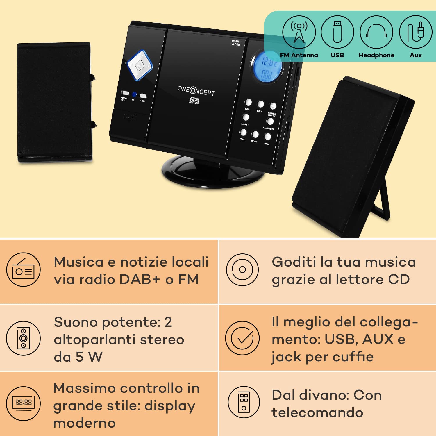 oneConcept Radio Portatile Lettore CD HiFi FM Stereo AUX 2 Altoparlanti Display LCD MP3 Ingresso SD 3W