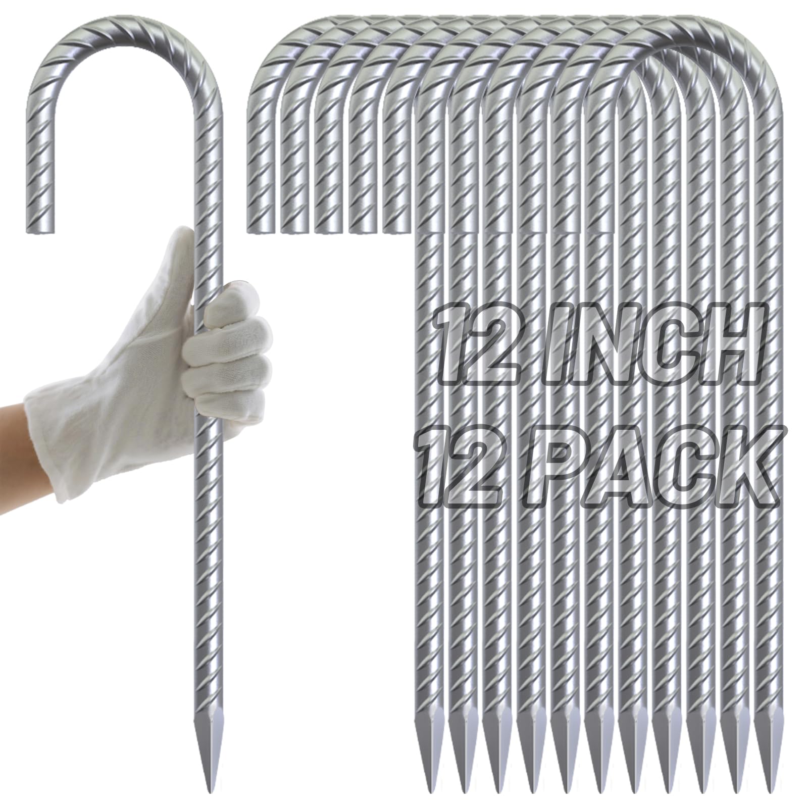 AAGUT Rebar Stakes 12 inch Galvanized Metal Tent Stakes 3/8" Heavy Duty Ground Anchor Stake for Large Canopy and Fence, J Hook Stakes Easy to Push into Hard Soil,12 Pack