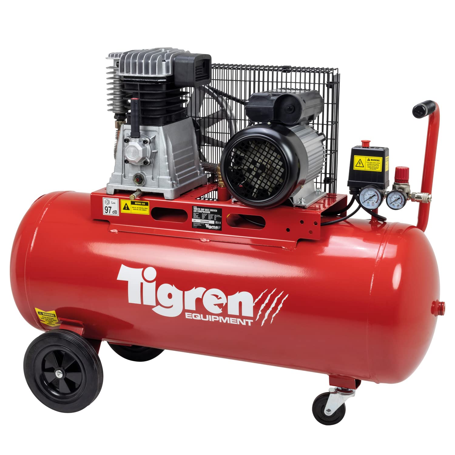 Tigren Red Belt Drive Air Compressor, Twin Cylinder Oil-Lubricated 230V 13A, 100L, 3Hp / 2.2Kw, 150Psi / 10 Bar 14Cfm 97Db