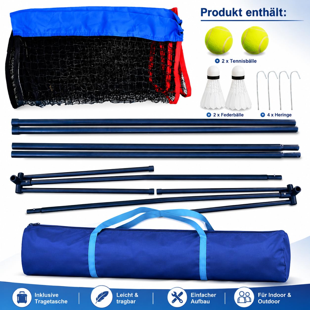 Kapler Badmintonnetz 300 cm: Höhenverstellbares Multisport-Netz 90/160 cm für Garten, Badminton, Tennis, Pickleball & Volleyball, tragbar